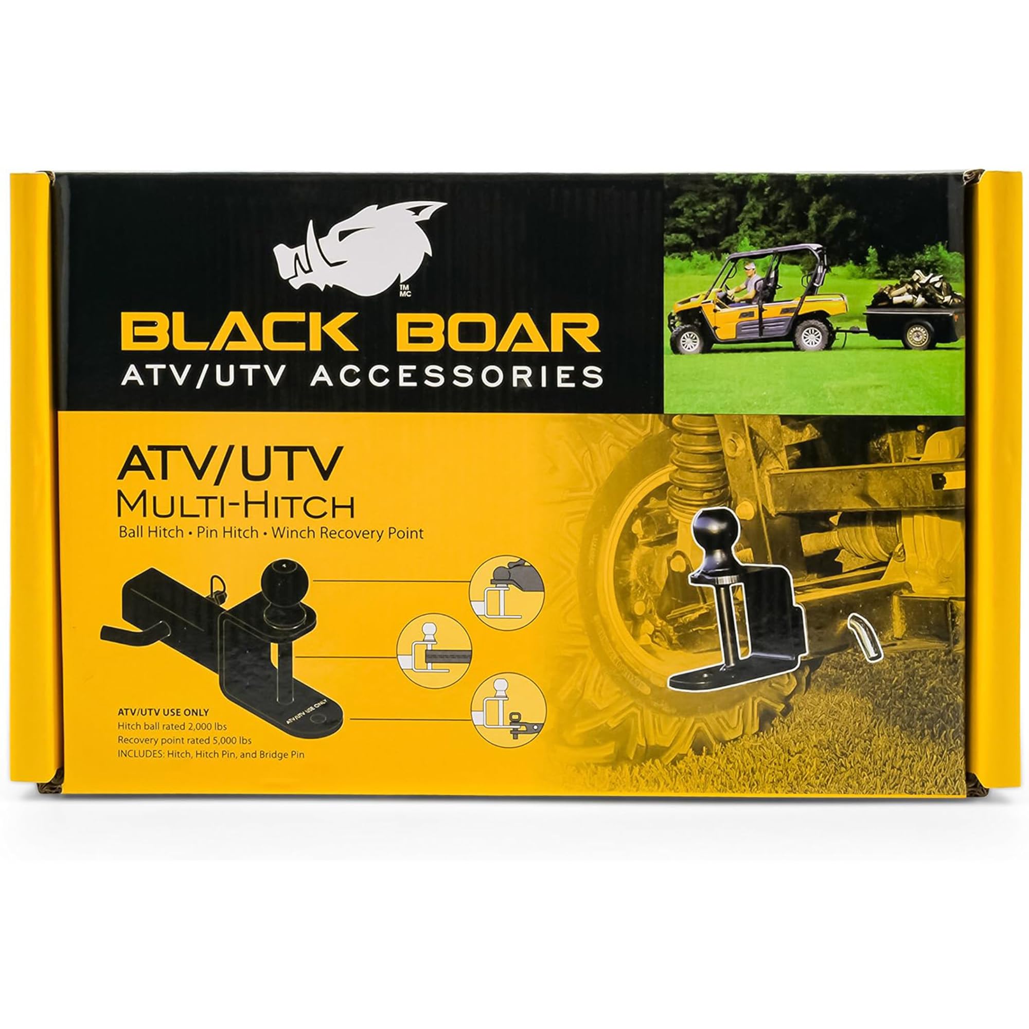 Black Boar, Multi-attacco per UTV e ATV, con sfera di traino da 5,7 cm, codolo di 3 cm, codolo (L) da 15 cm, supporta fino a 907 kg, da utilizzare con rimorchi, cinghie di traino e altri accessori per