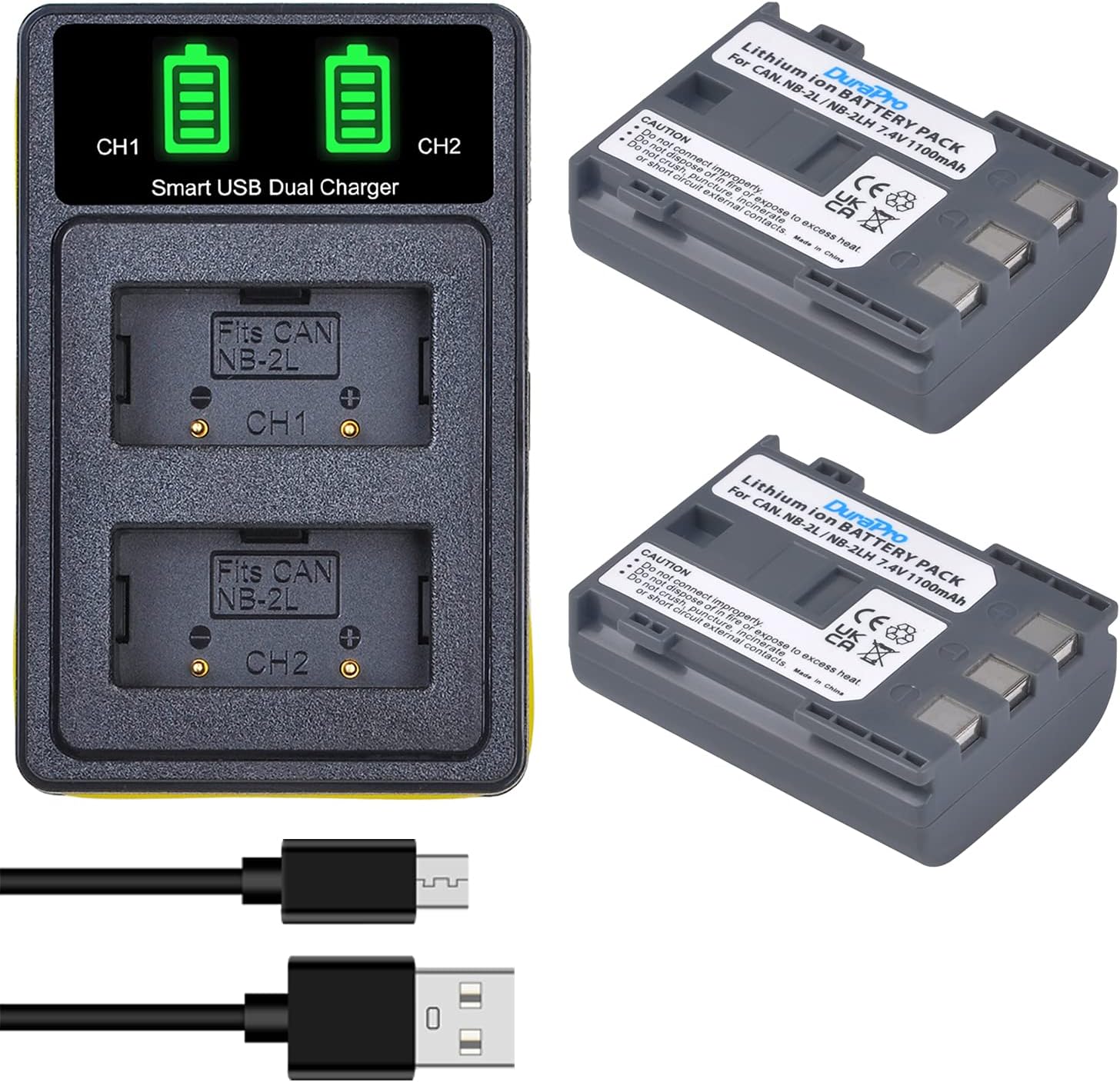 DuraPro 2Pcs NB-2L NB-2LH Battery + Dual USB Charger Replacement for Canon EOS 350D 400D MD265 MV960 PowerShot G7 G9 S70 S80 ZR950 ZR960 HG10 HV40 Cameras