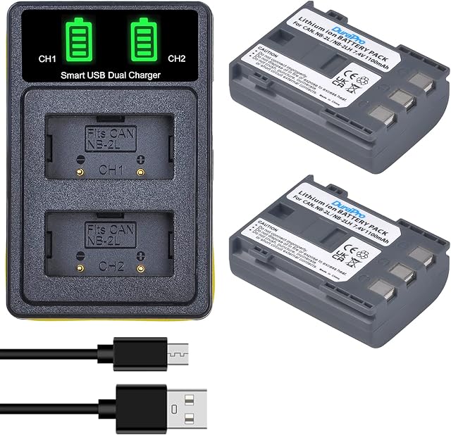 DuraPro 2Pcs NB-2L NB-2LH Battery + Dual USB Charger Replacement for Canon EOS 350D 400D MD265 MV960 PowerShot G7 G9 S70 S80 ZR950 ZR960 HG10 HV40 Cameras