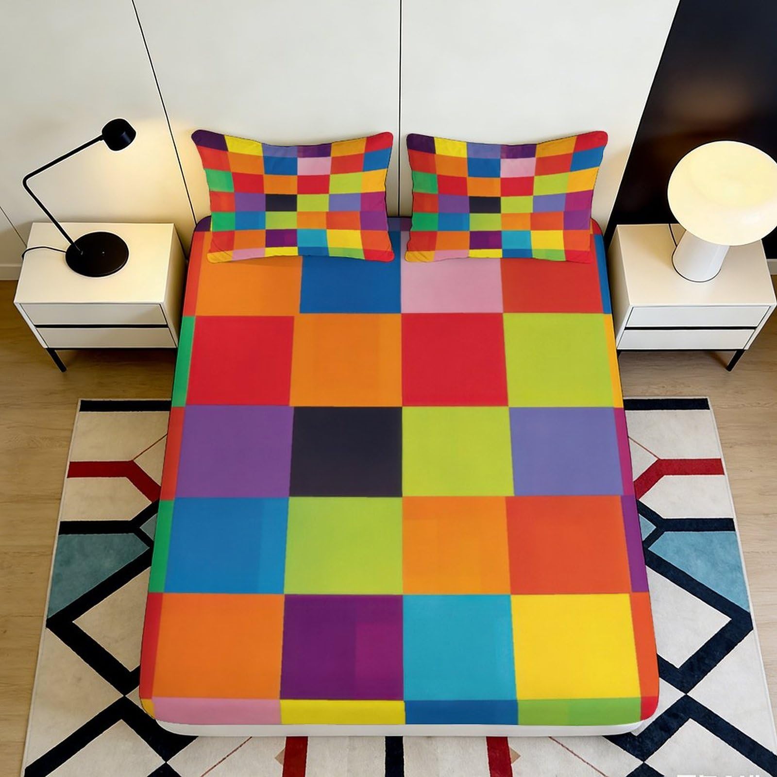 3D Printed Colorful Patchwork Fitted Sheet Microfiber Soft Square Mosaic Bed Sheet for Bedroom Guest Room Decor 160x200x25cm