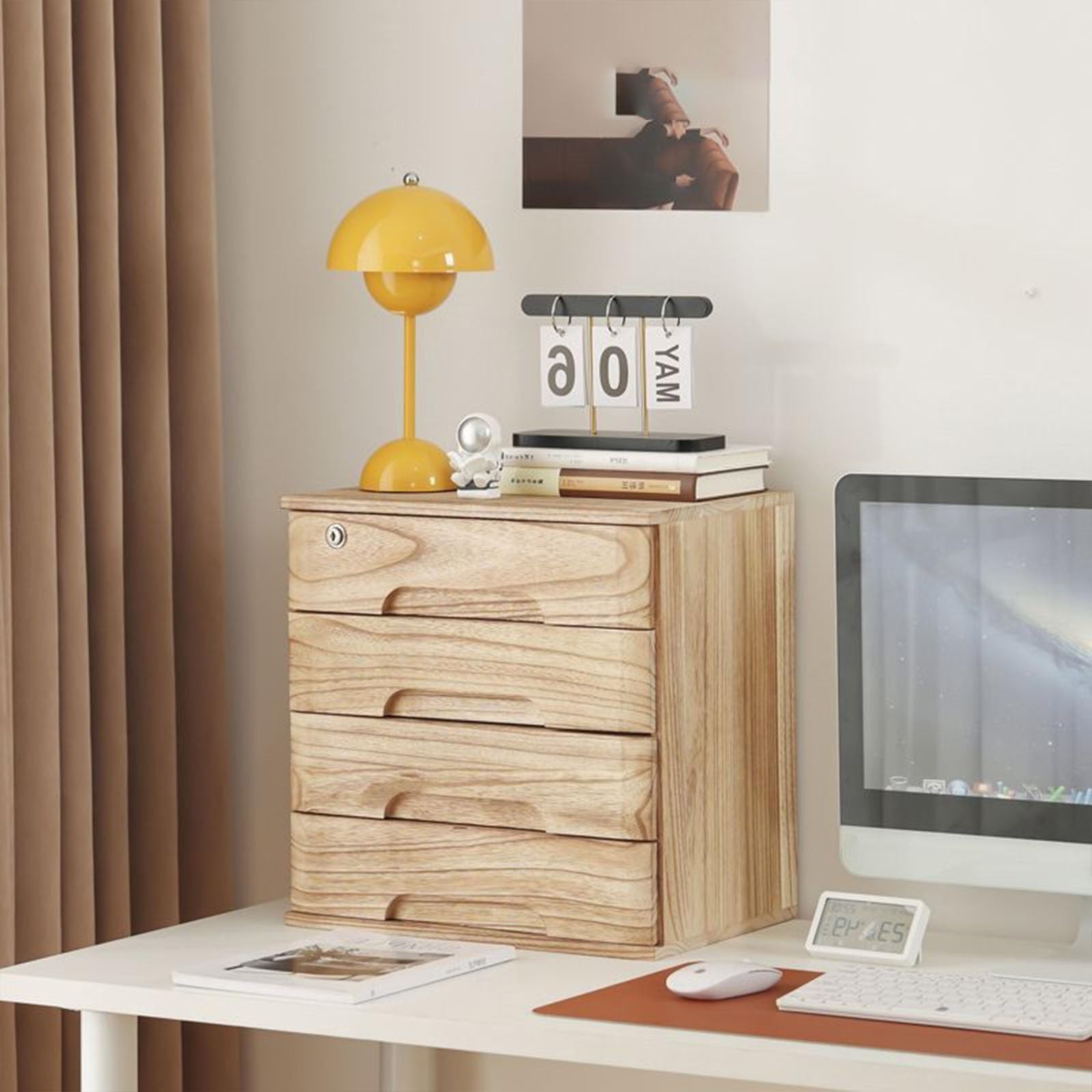 SnamicE Solid Wood Desk File Cabinet,Lockable Storage Box With 4 Layers For Office Supplies,Stylish Wooden Drawer System For A4/Receipt Files,Ideal For Home & Office,