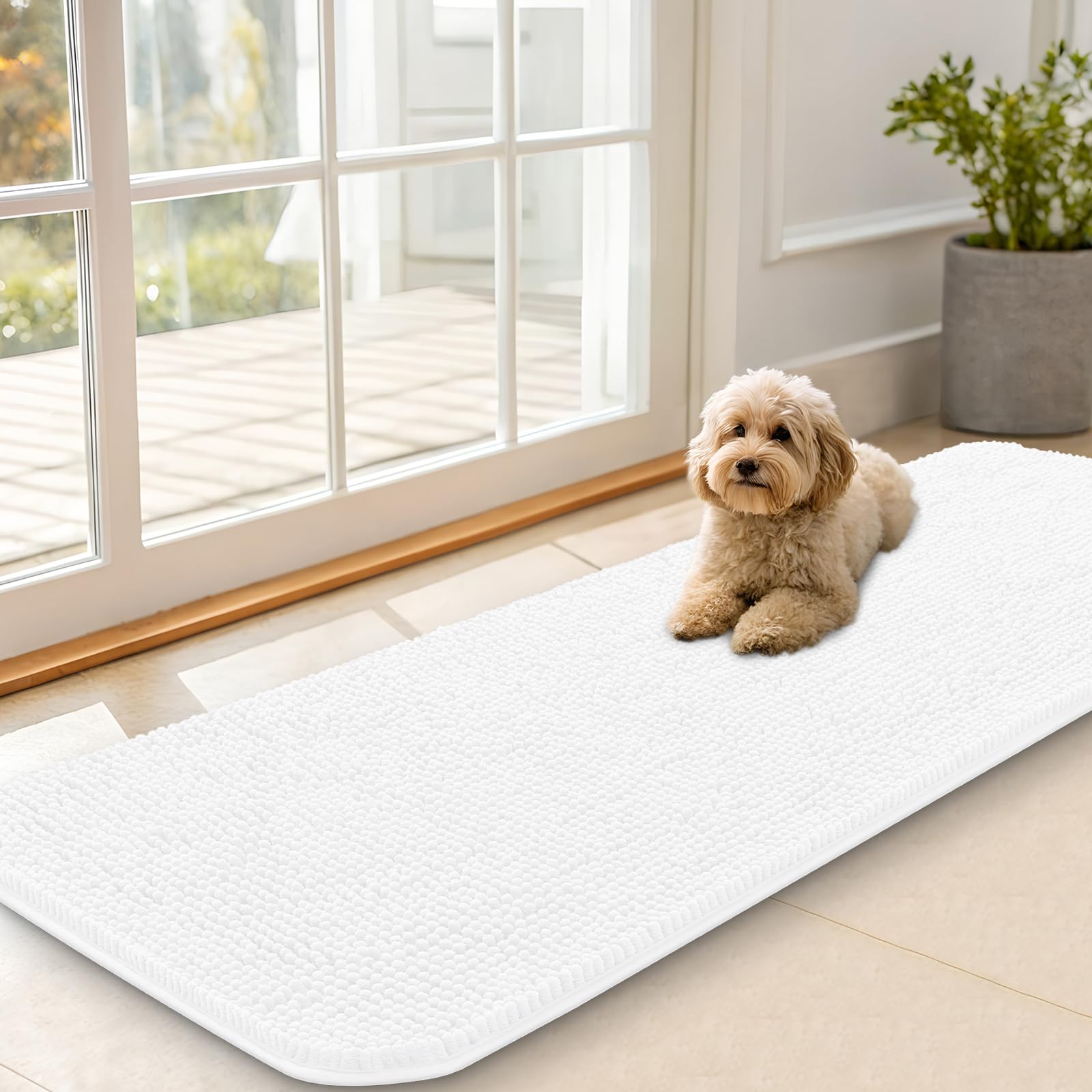 OLANLY Dog Door Mat for Muddy Paws 59x20, Absorbs Moisture and Dirt, Absorbent Non-Slip Washable Doormat, Quick Dry Chenille Mud Mat for Dogs, Entry Indoor Entryway Carpet for Inside Floor, White — image 1
