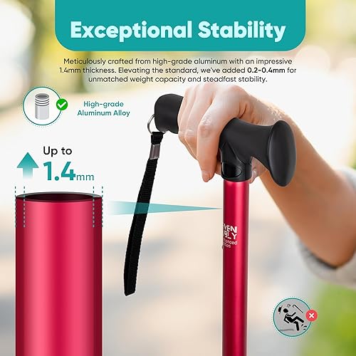 Miniatura 2 de Bastón mejorado (más grueso y largo) Plegable, ajustable, plegable, punta de repuesto, con bolsa de viaje Bastón versátil para cada altura
