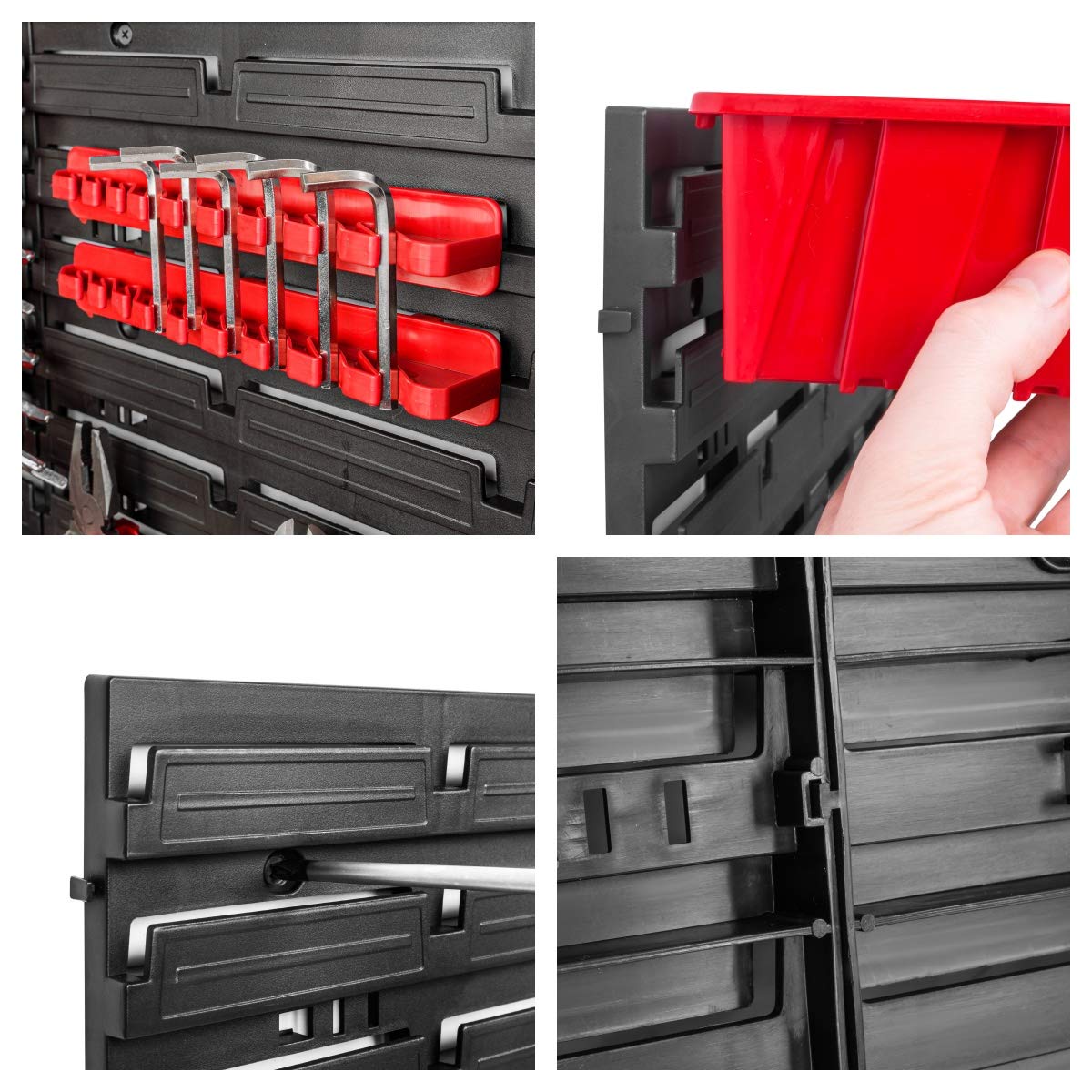 Lagersystem Werkstattregal | 78 x 78 cm | 21 stck. Box | Wandregal mit Werkzeughalterungen und Stapelboxen - Wandplatten Extra Starke Schüttenregal Warkzeuglochwand Lagerregal Garage Regal (8)