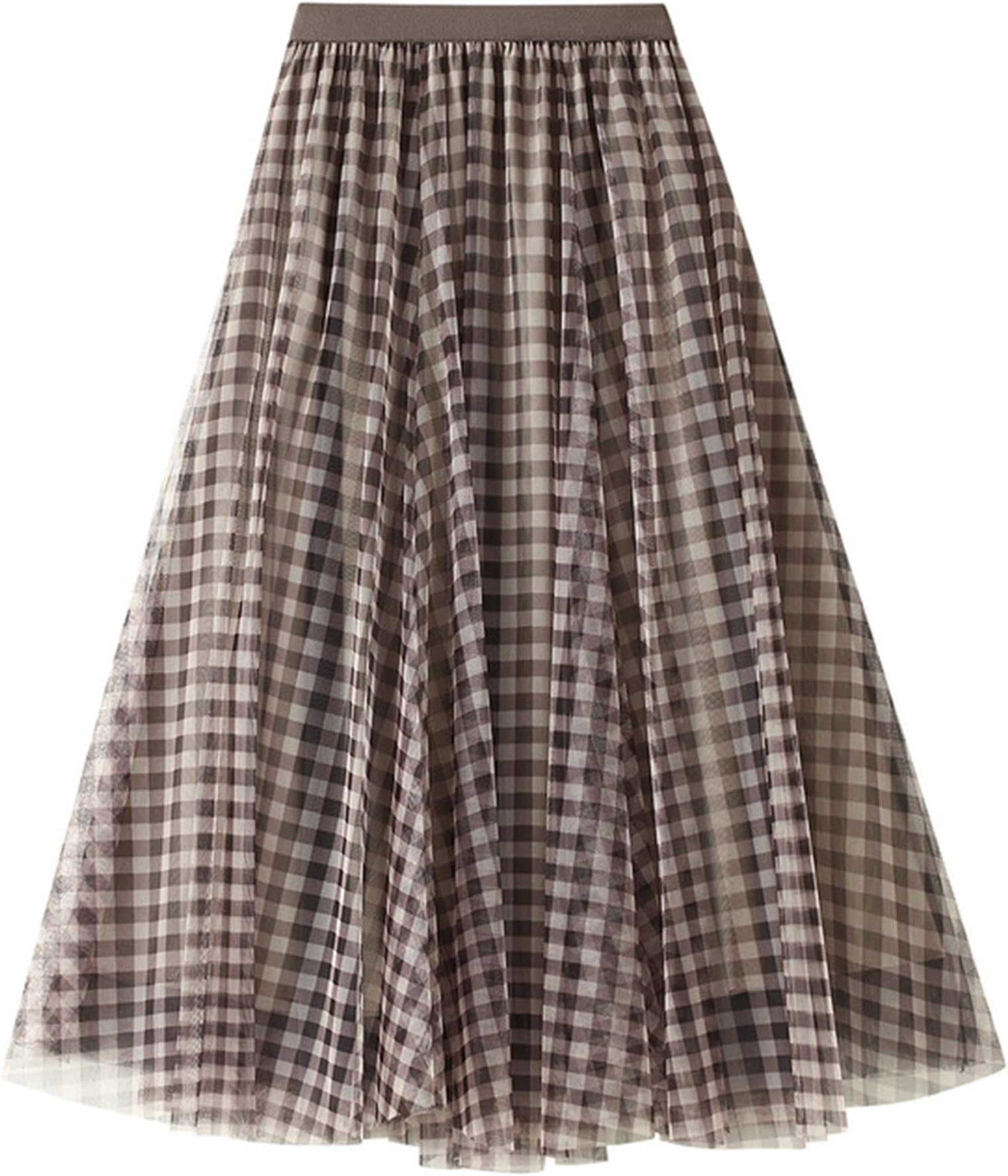 DirhollWomen's A-Line Fairy Patterned Elastic Waist Ruffle Mesh Layered Midi Skirt