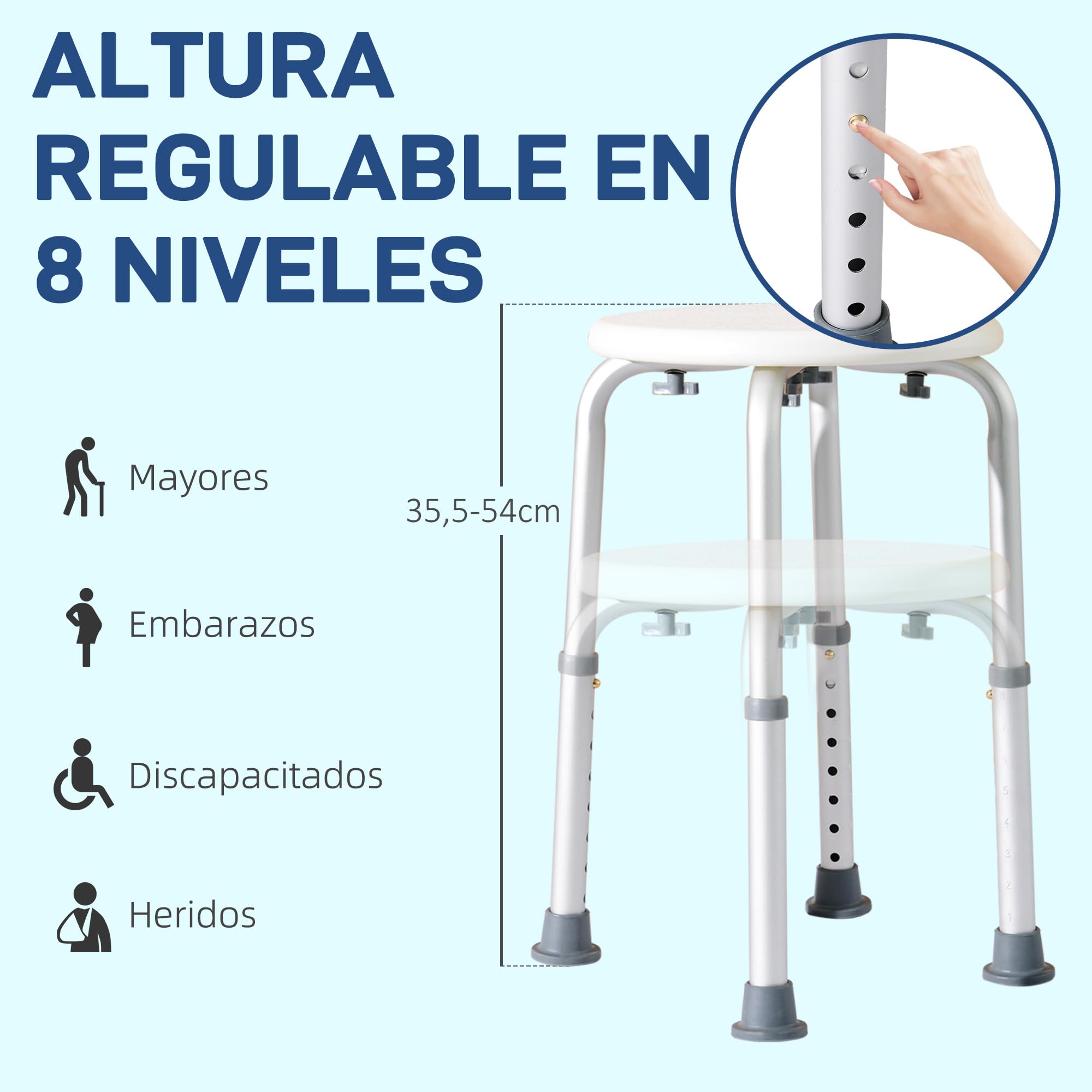 HOMCOM Taburete de Ducha, Silla Ducha Personas Mayores Antideslizante con Altura Regulable, Carga 135 kg, Taburete de Baño para Ancianos y Discapacitados, Blanco
