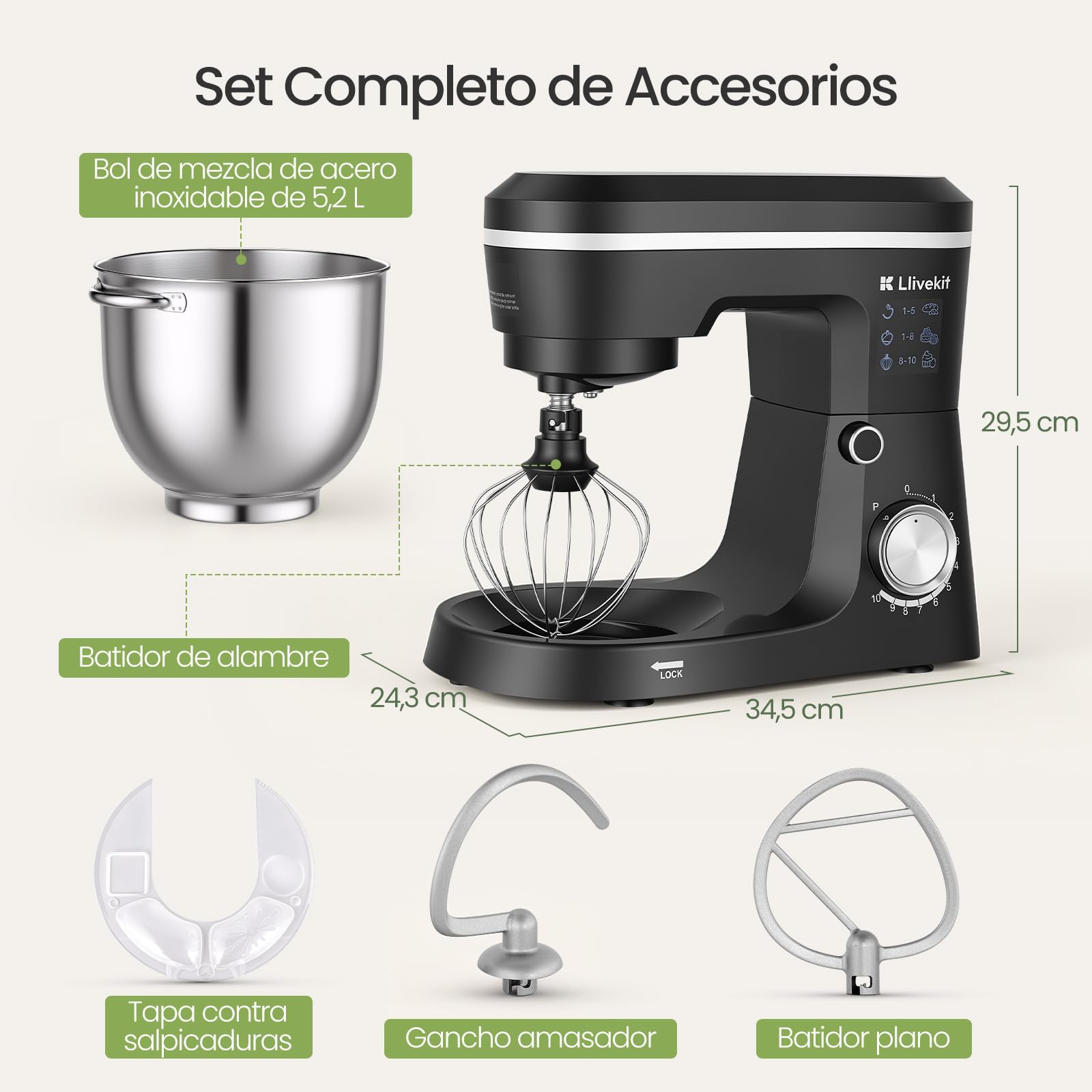 LLIVEKIT Batidora Amasadora con Bol 5,2 L, 10 Velocidades + Función Pulso | Robot Cocina 1500 W, Amasadora Pan y Reposteria, Batidora Multifuncional con Accesorios para Batir y Amasar, Bajo Ruido