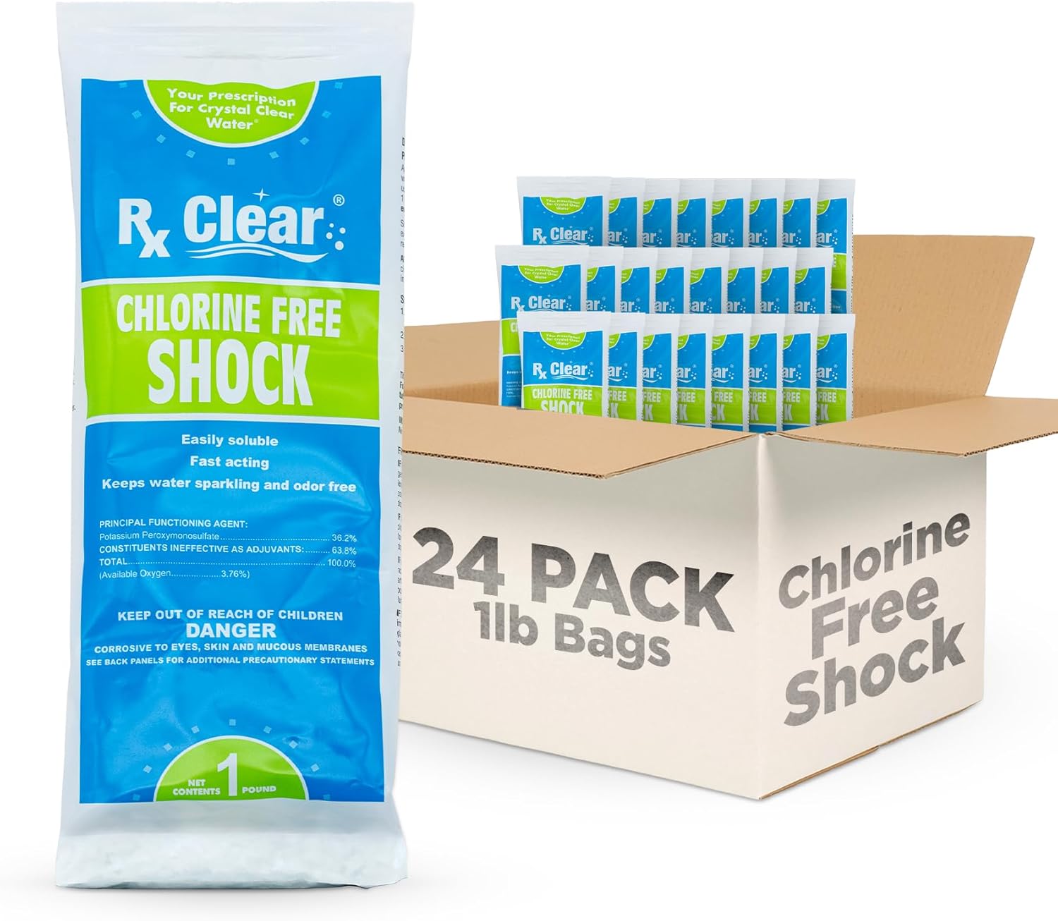 Rx Clear Chlorine-Free Swimming Pool Shock | Eliminate The Harsh Chemicals | Non-Irritating Formula | 36.2% Potassium Monopersulfate | One Pound Bags | 6 Pack