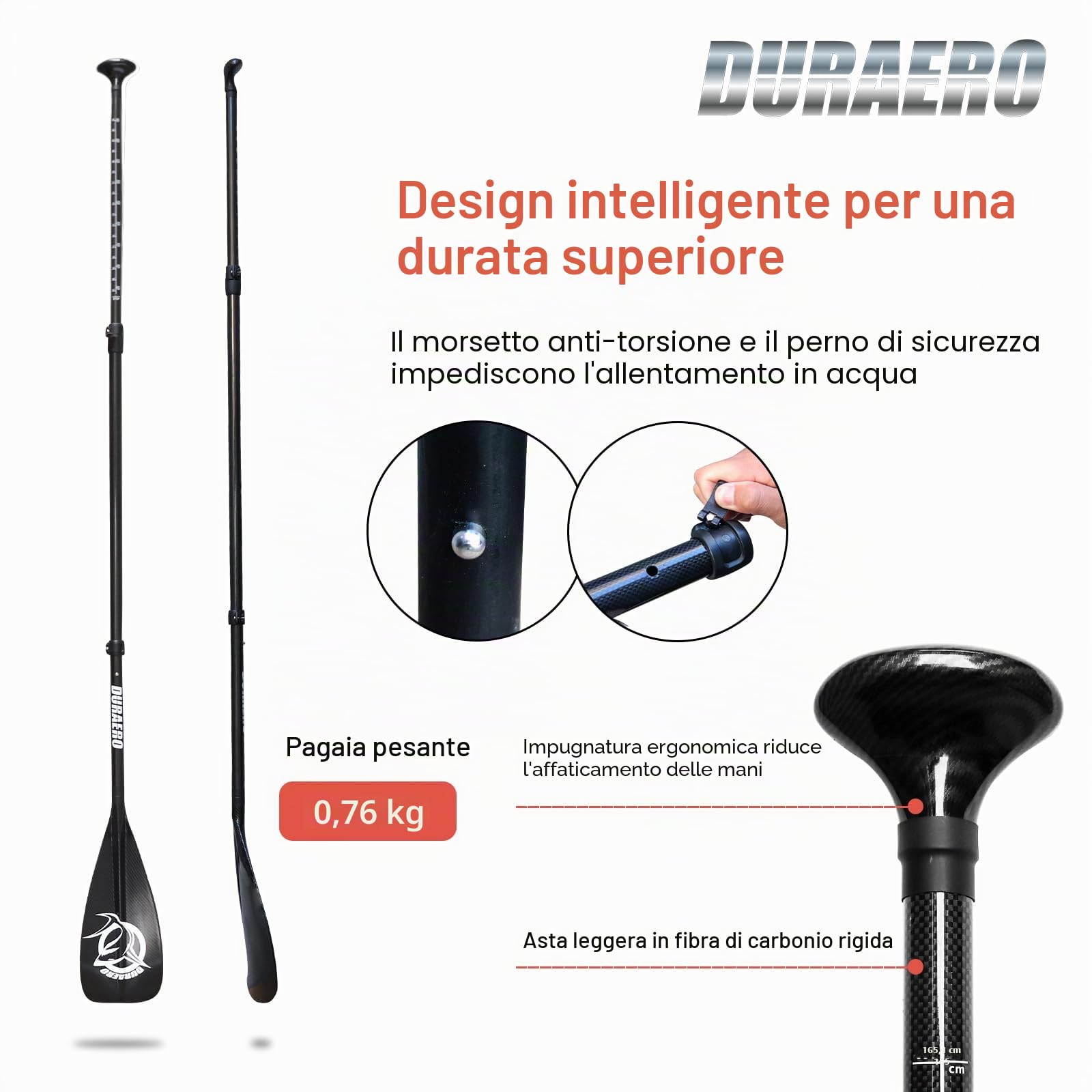 Pagaia in Carbonio con Borsa - 3 Pezzi per SUP Kayak Stand Up Paddling Board Professionale Veloce - Leggera 760g Pagaia Regolabile Telescopica 165-205cm - Sistema Plug-In