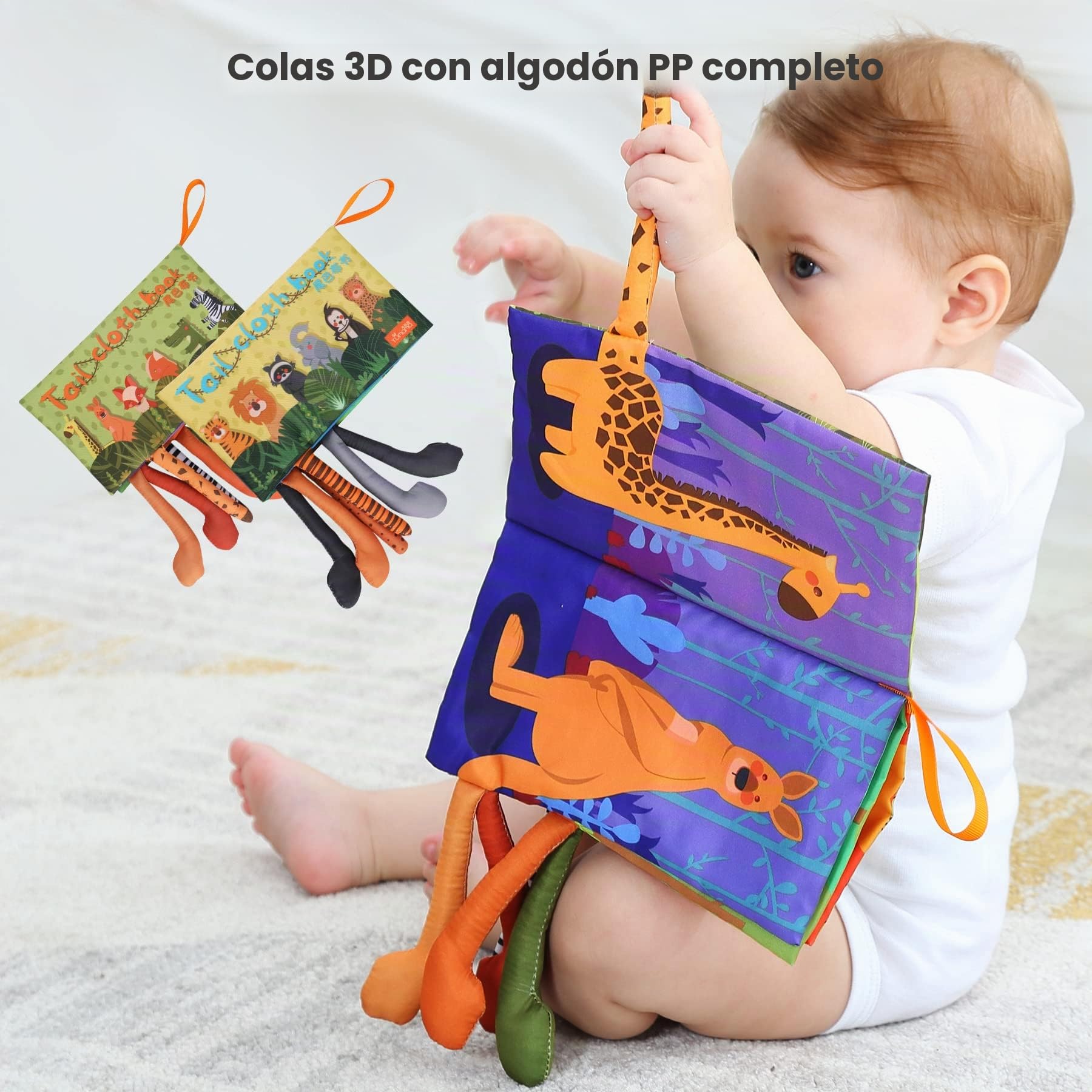TUMAMA Libros de Tela, Juguetes de Libros Sensoriales Suaves Colas de Selva en 3D, [Lavable a Máquina] Libro de Baño Aprendizaje Temprano 0-3-6-9-12-18M