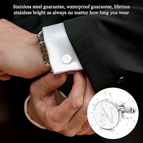 Miniatura 10 de LOYALLOOK - Gemelos de acero inoxidable grabados con inicial y clip de corbata diseño de letras del alfabeto con caja de regalo A-Z