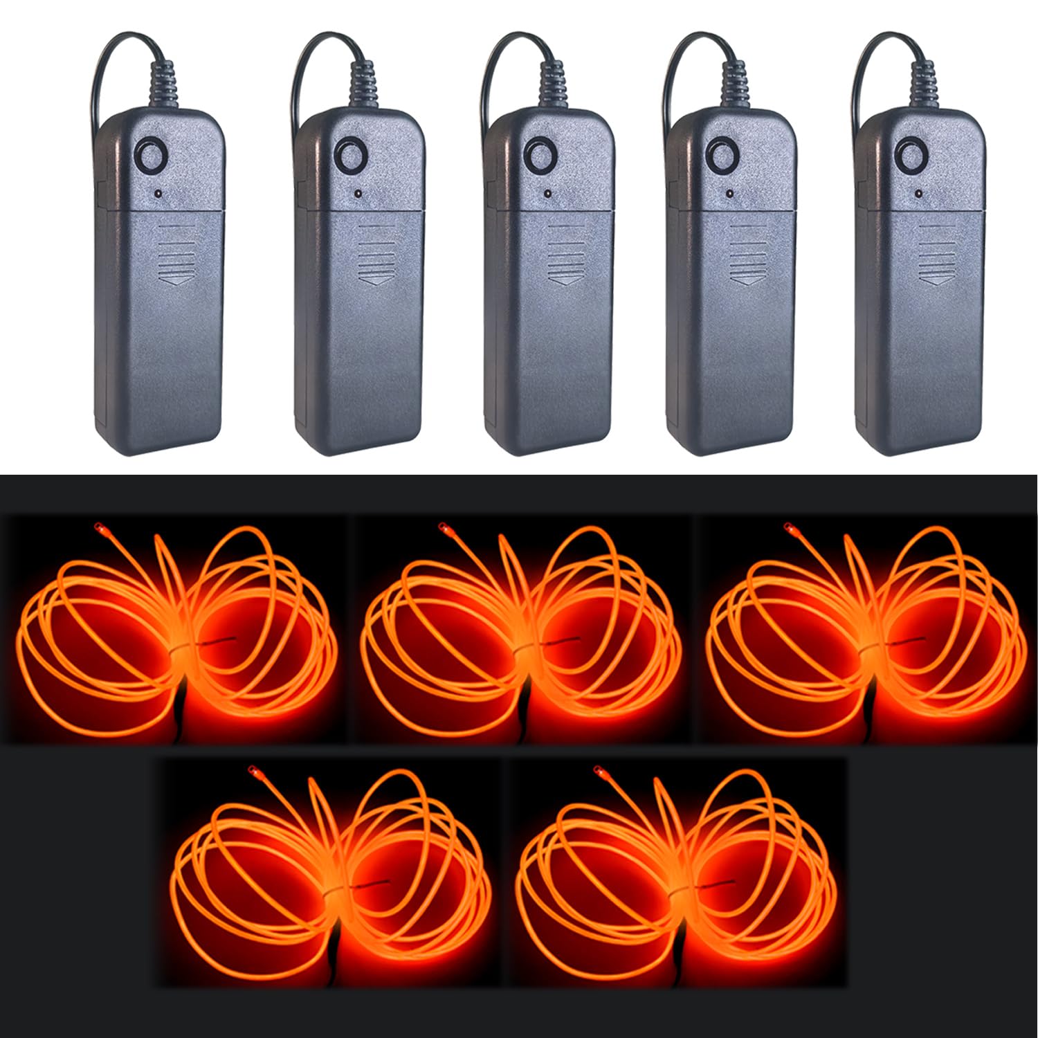 Gcidto EL Wire 5-Colour Pack, 9ft（2.75m） Neon Light Wire 5‑Pack with Noise Reduction & Controller Pack for Halloween Décor & DIY. (Orange)