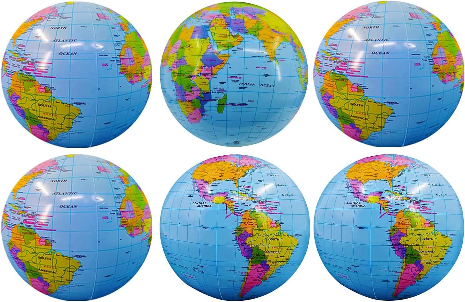 Globe Beach Ball Inflatable World Topographic Map PVC Giant for Kids School Classroom Geography Party Supplies (6 Pieces)