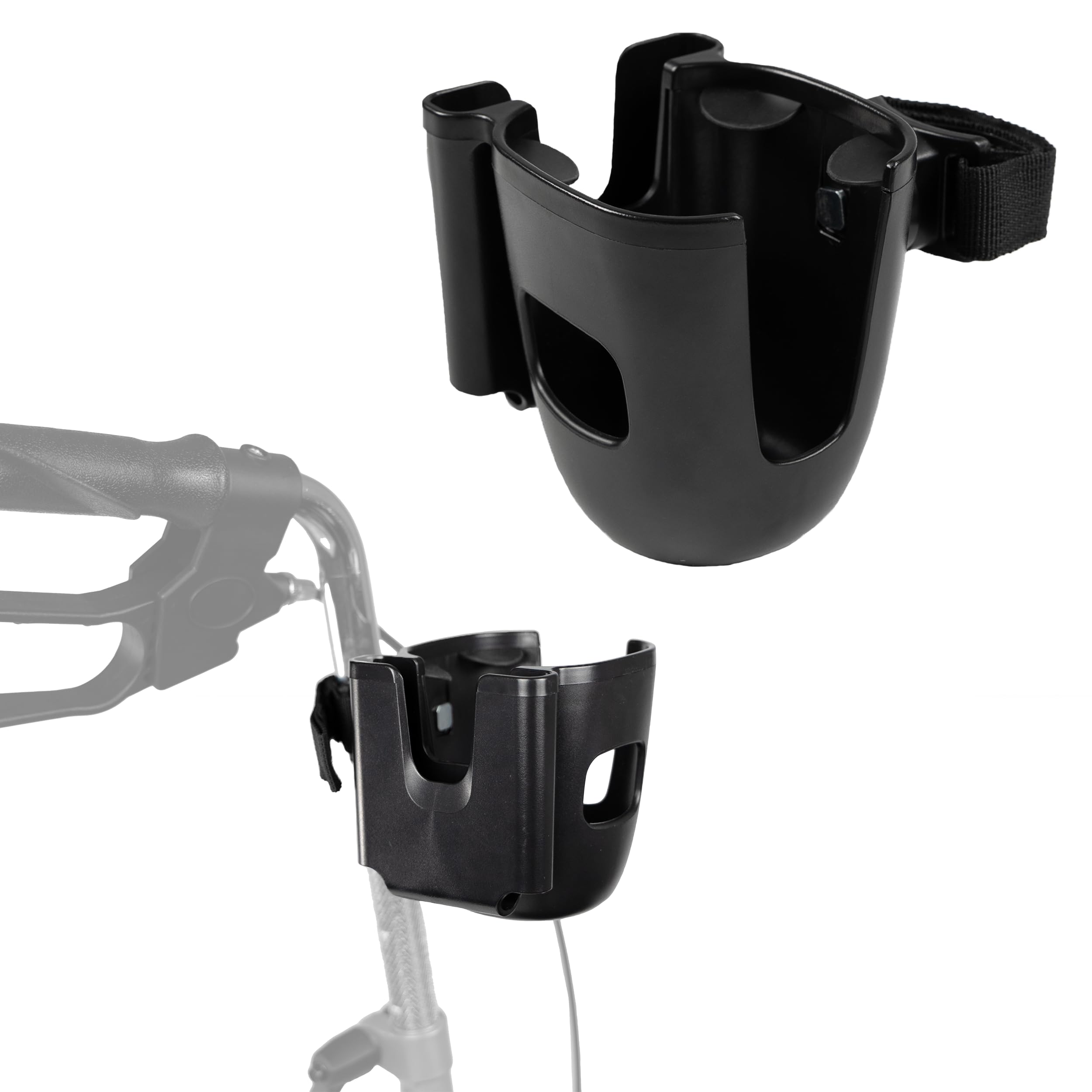 Zamboo Portavasos y Soporte para Movil para Silla de Ruedas, Andador y Ayudas a la Movilidad | Porta Botellas Universal 2 en 1 para Bebidas y Smartphone, Giratorio 360° | Fácil instalación – Negro