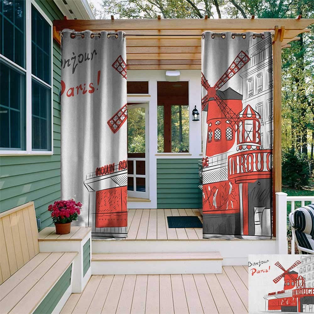 leinuoyi Paris, Outdoor Curtain Panels Set of 2, Sketch Art of Urban Landscape with Cabaret Moulin Rouge in Paris Modern City, for Gazebo W96 x L96 Inch Orange Grey White