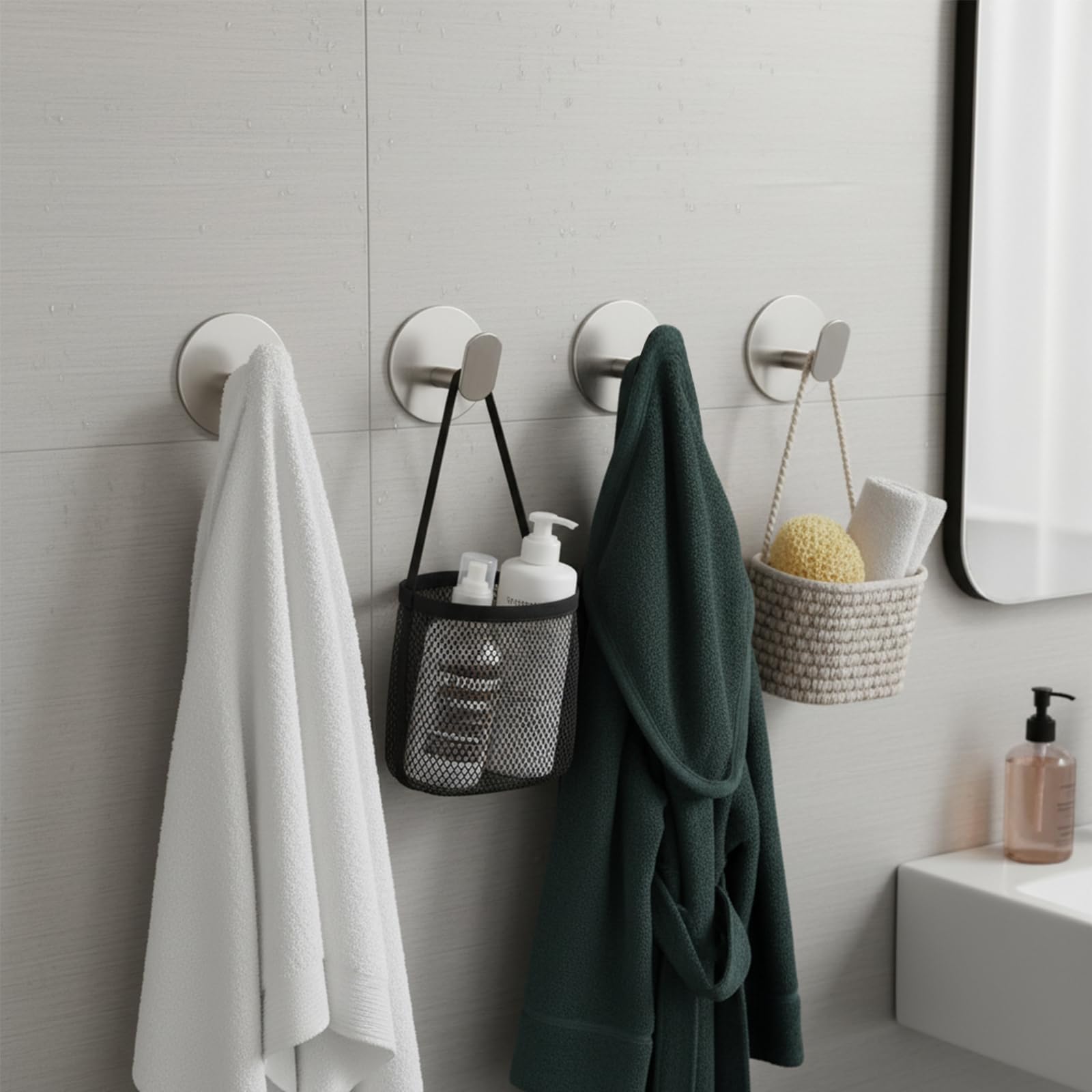 Ganci Adesivi 4 Pezzi Portasciugamani in Acciaio Inox Rotondo Gancio Appendiabiti Attaccapanni Muro Gancio Appendi Accappatoio Appendiabiti Impermeabile Antiruggine per Bagno e Cucina, Argento