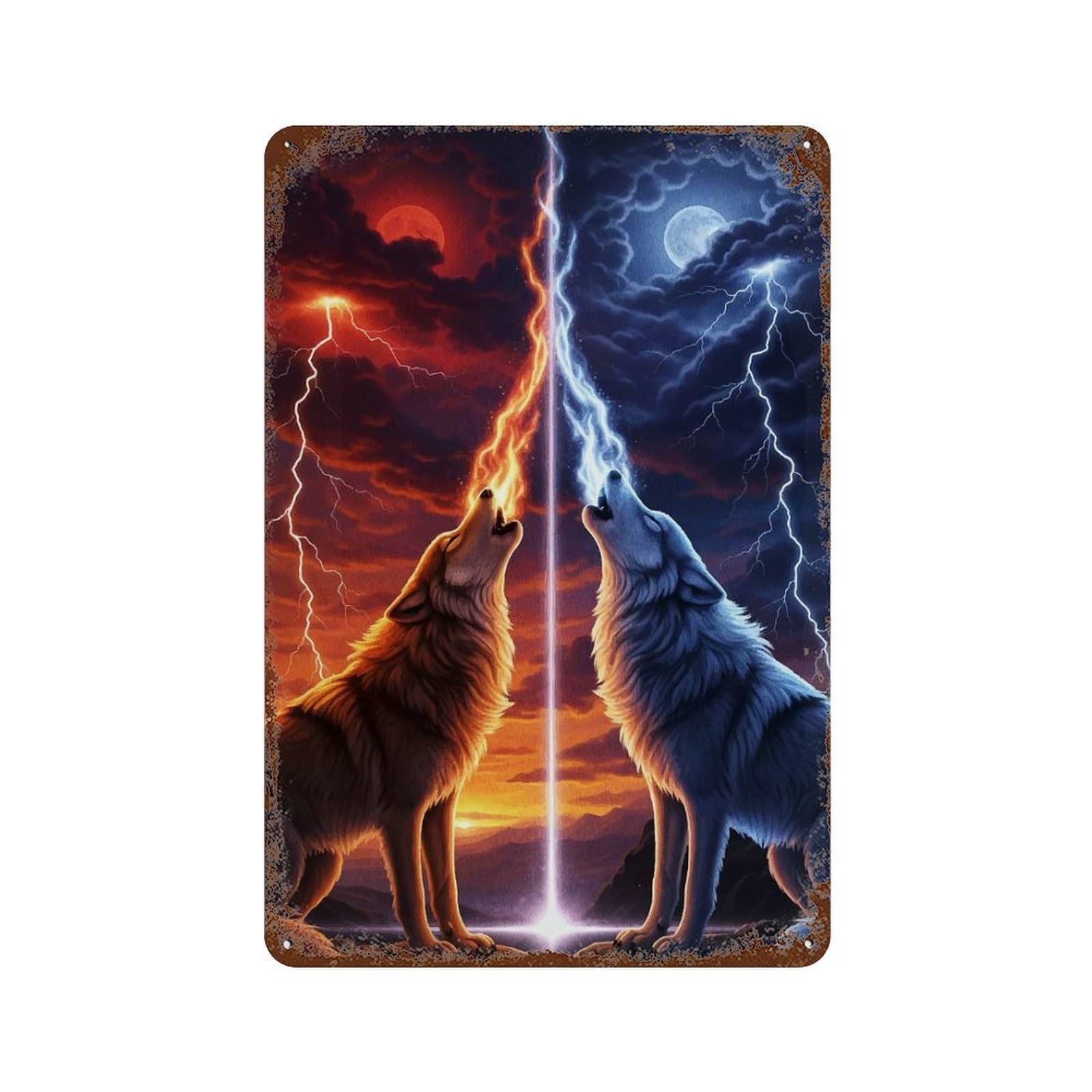 Elemental Wolves Howling at The Sky 11.8"x7.9" Vintage Rust Metal Sign, Novelty Wall Decor for Living Room, Hallway And Home Decor