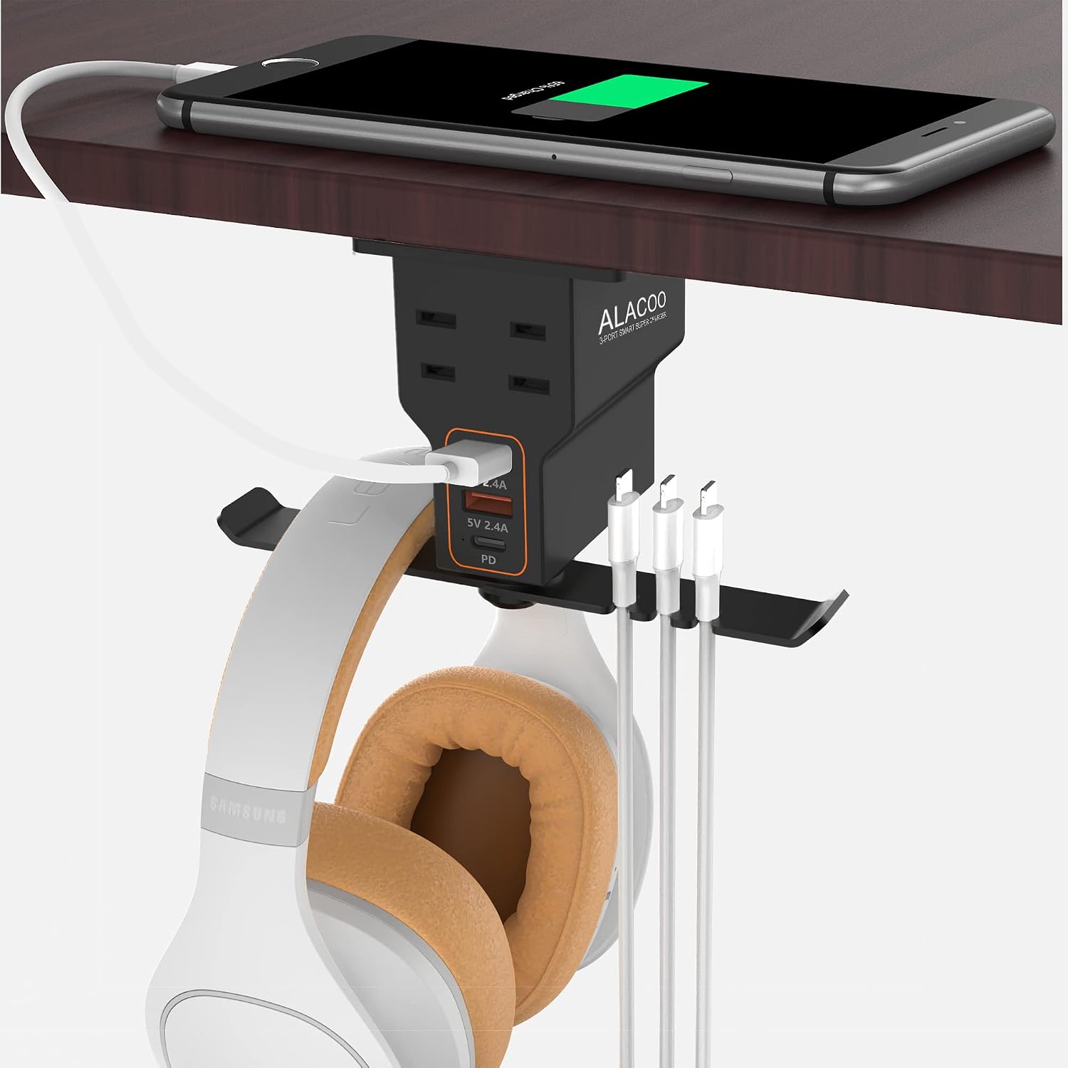 Multi-Function Desk Headphone Hanger Hook Gaming Office | 2 USB, 1 Type-C, 2 AC Outlets Desk Hook Holds Headsets & Purses, Practical Accessory for Gaming, Office, Home and Great Gift