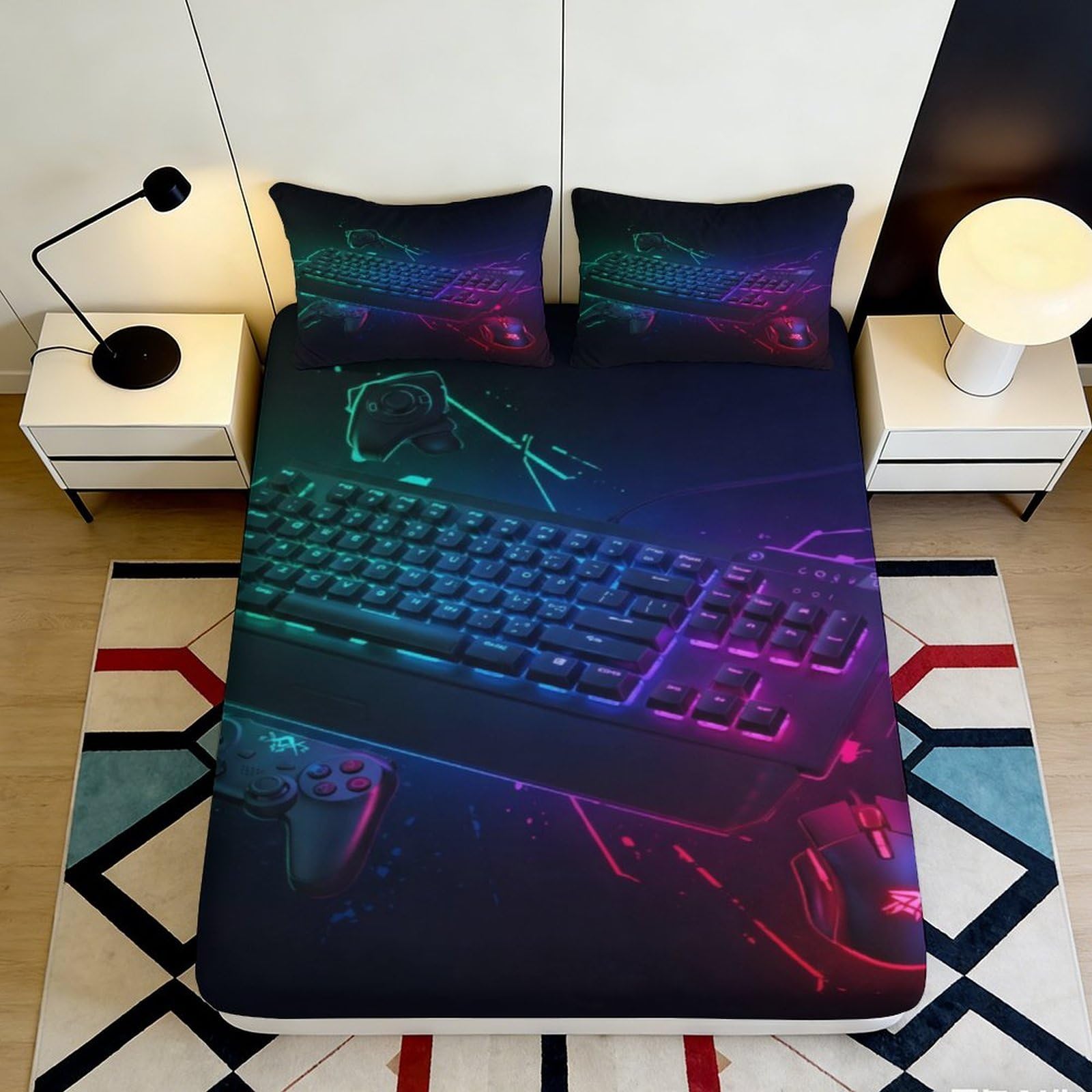 Jqzkxnhpbr Style-1 3D Printed Neon Keyboard Fitted Sheet Microfiber Soft Breathable Cyber Gaming Bed Cover For Bedroom Dorm Decor 90X200x25cm