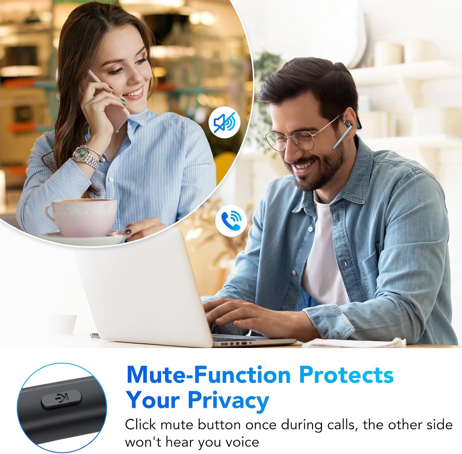 Image showing a person using the headset with a mute button highlighted