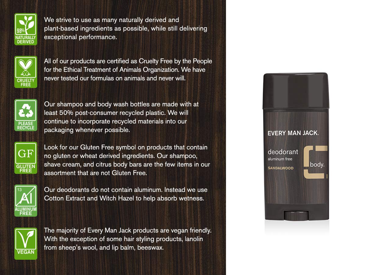Every Man Jack Men's Natural Deodorant - Sandalwood | 3-ounce Twin Pack - 2 Sticks Included | Naturally Derived, Aluminum Free, Parabens-free, Pthalate-free, Dye-free, and Certified Cruelty Free