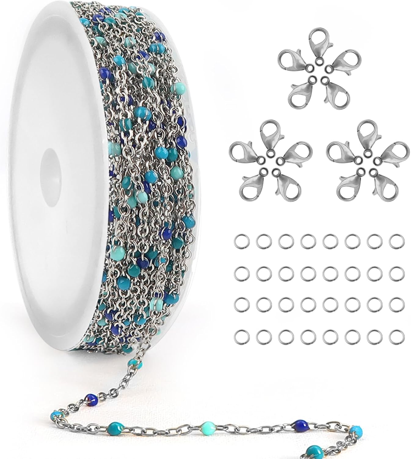 TOAOB 16.4 Feet Stainless Steel Enamel Chains Blue Beaded Link Chain with Lobster Clasps and Jump Rings for Jewelry Making DIY Necklace Bracelet Anklet Necklace 1.6mm
