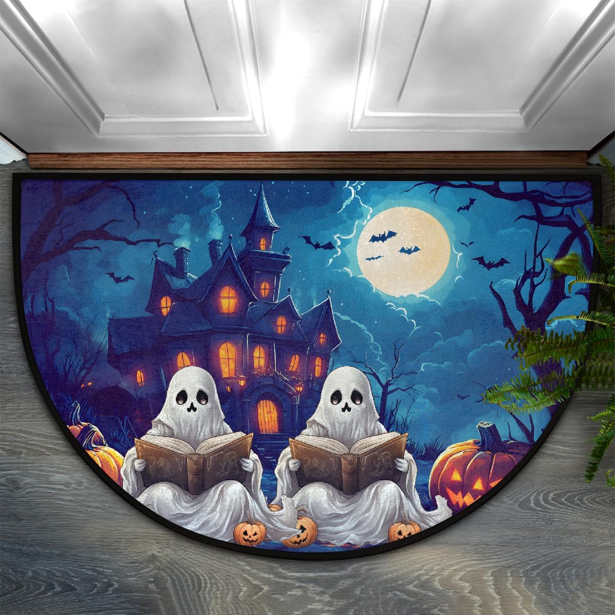 Halloween Night Moon Ghost Half Round Door Mat Non Slip Washable Semi Circle Area Rug Absorbent Soft Half Moon Rug Floor Mat for Indoor Outdoor Kitchen Bathroom Patio Front Door Mat Decor