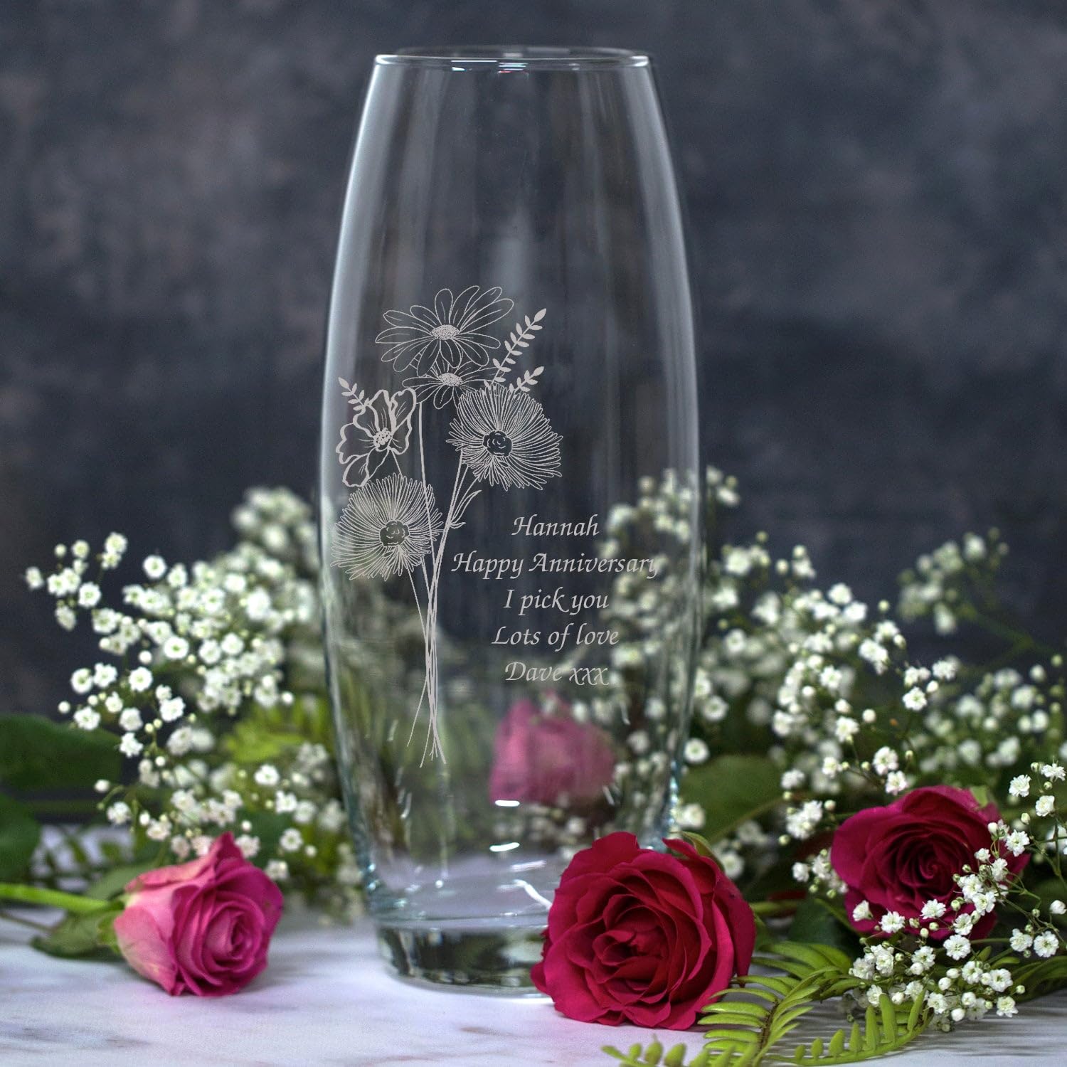 Spoken Gifts Personalised Glass Bullet Vase, Engraved Bunch of Flowers Design with Your Own Message, 26cm Clear Glass Flower Vase, Made in the UK, Birthday and Thank You Gift
