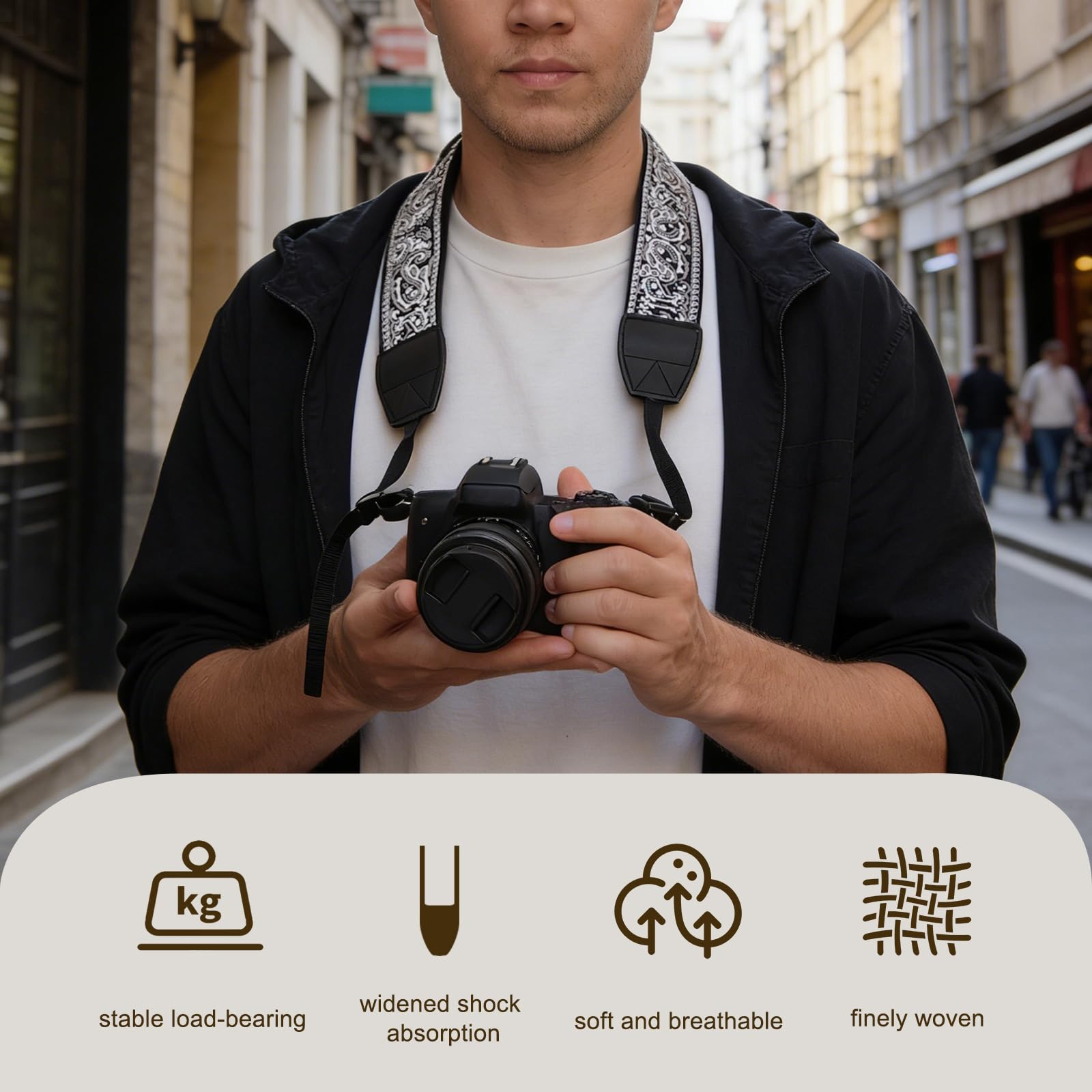 Pasek do aparatu w stylu vintage, szeroki, 5 cm, uniwersalny pasek na ramię do lustrzanki DSLR i aparatu systemowego, regulowany pasek do noszenia na szyję w stylu retro, miękki nylon ze skórą, pasuje
