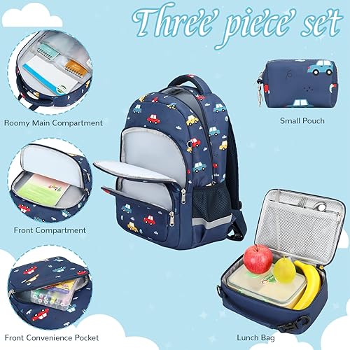 Miniatura 8 de MIRLEWAIY Mochila para niños de 15.7 pulgadas, juego de 3 piezas con lonchera y estuche para lápices para escuela, niñas, niños y estudiantes, Avión