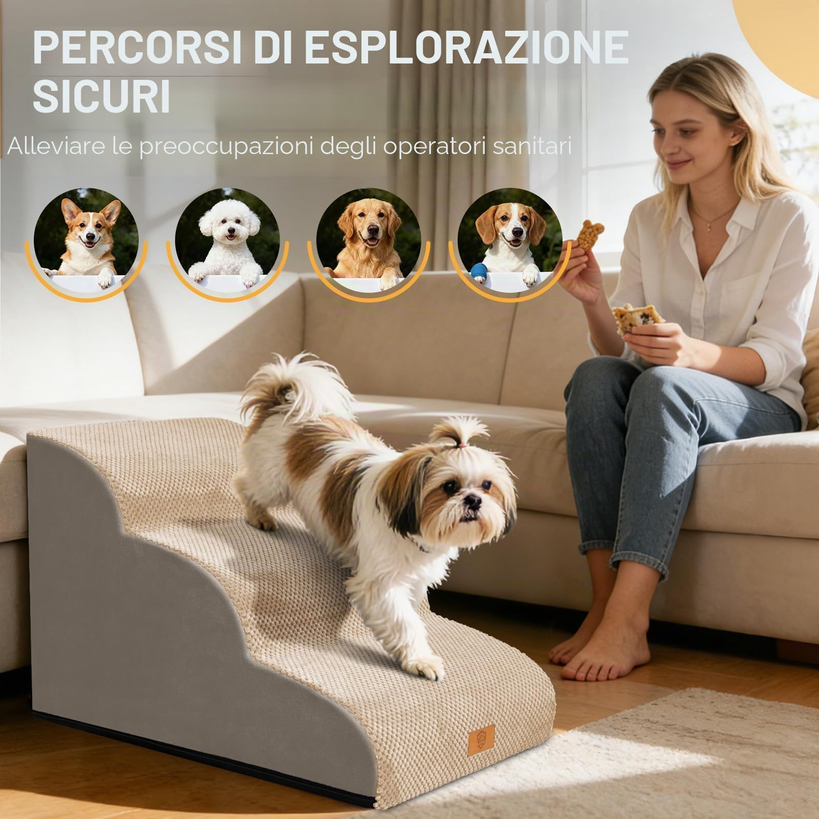 Zvonema Scala per cani di piccola taglia, impermeabile, per cani, profilassi delle lesioni, spugna di alta qualità, antiscivolo, lavabile, per divano letto, beige