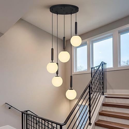 Miniatura 16 de 9-Lights Gold Chandelier with Milk White Glass Mid Century Modern Globe Pendant Light for Foyer Living Room Entryway Hallway Oro (vidrio de