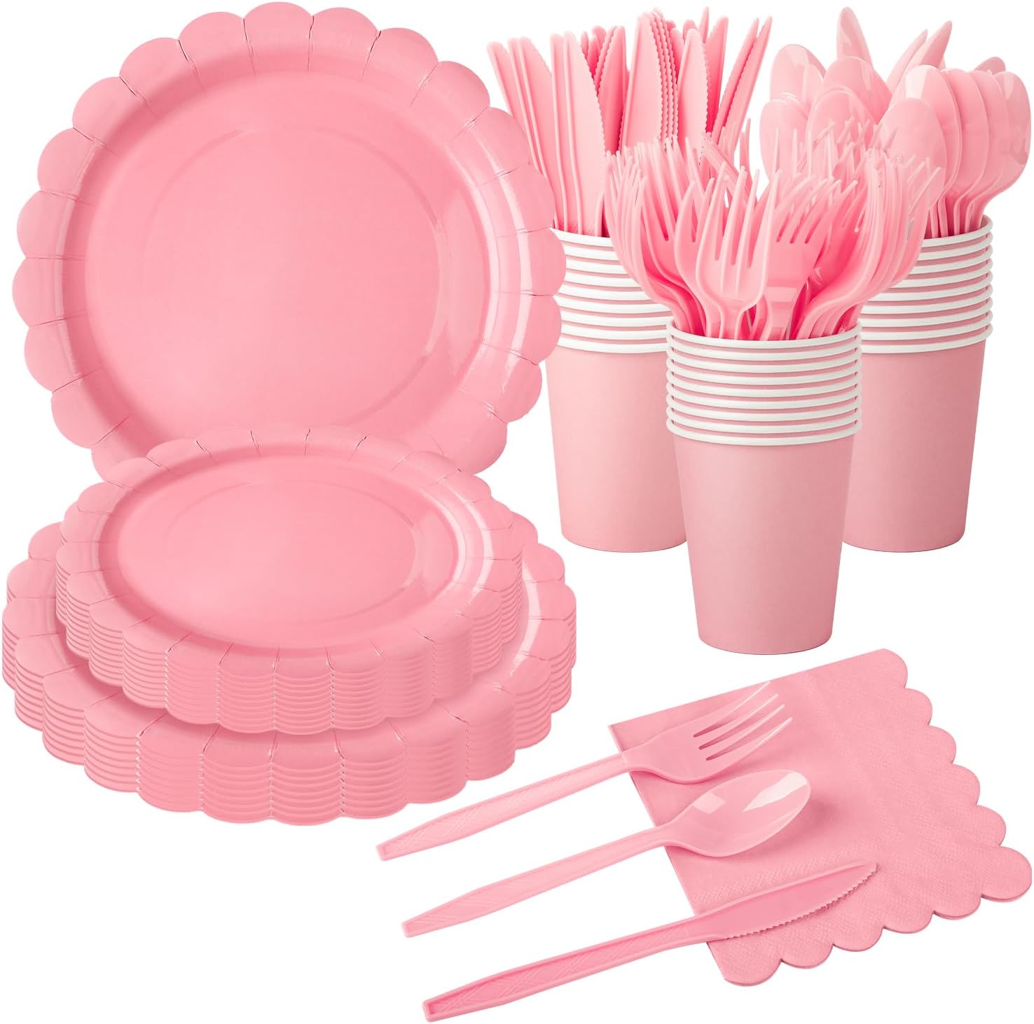 175 Pcs Pink Disposable Dinnerware Set Serve 25 Guests, Pink Birthday Party Supplies Includes Disposable Paper Plates Cups Napkins Plastic Cutlery for Baby Shower, Wedding, Easter Brunch