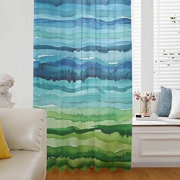Blue Green Sheer Curtains 108 Inch Length, Gradient Watercolor Modern Abstract Art Semi Curtain Sheers for Living Room Bedroom Rod Pocket Kitchen Curtain Drapes Window Voile Drape Panel