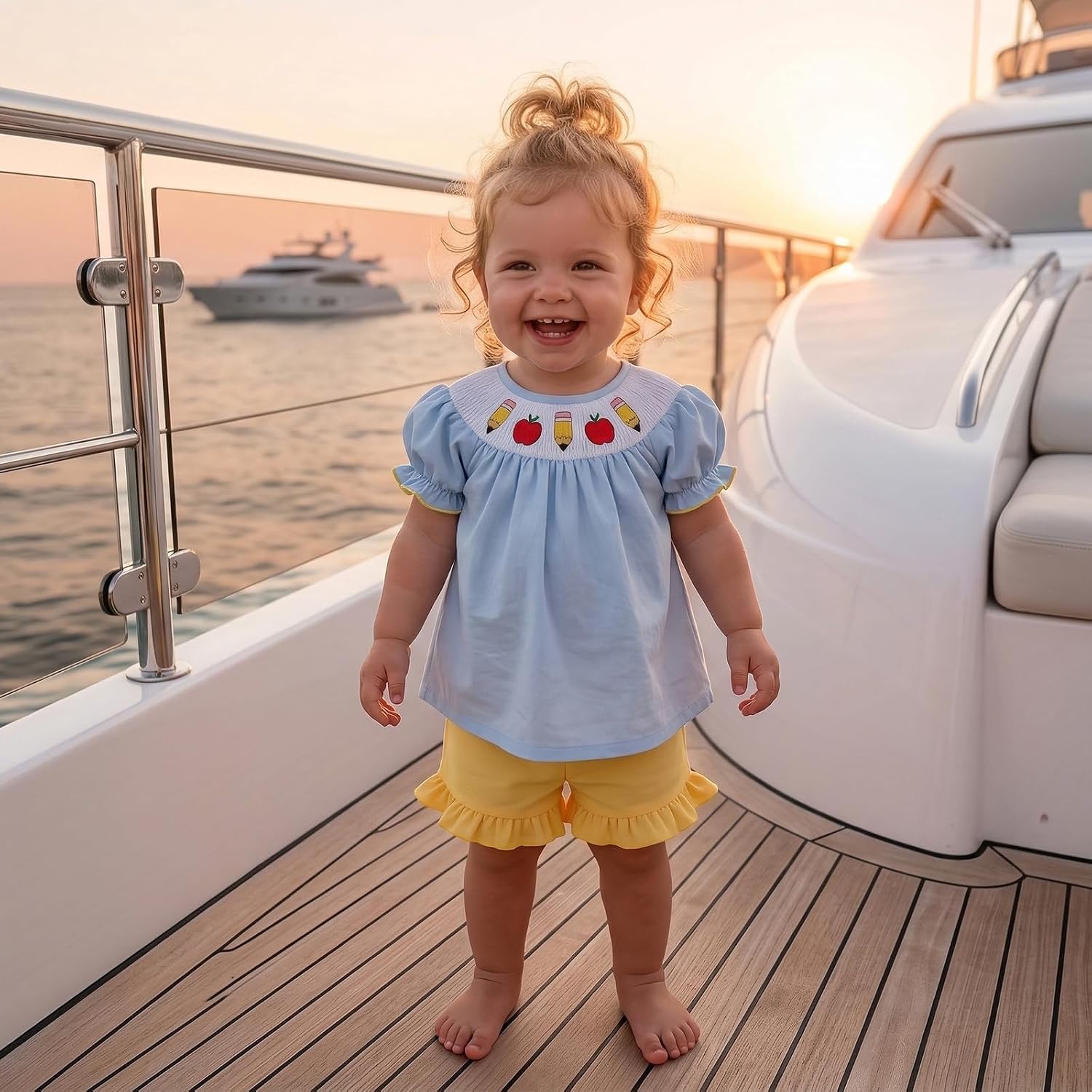 Back to School Little Toddler Girls Outfit Pre K First Day of School Smocked T-Shirt Dress Top Ruffle Shorts Set