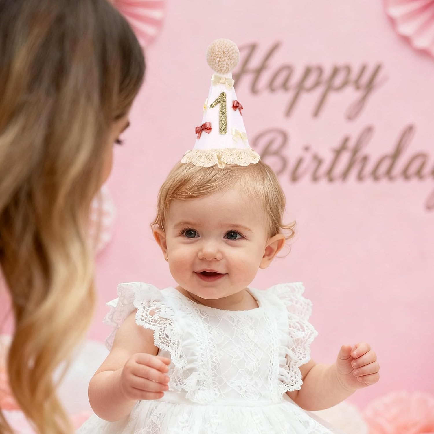 Pink Boho 1st Birthday Hat for Girls, Gold Glitter 1 Birthday Crown with Bows Lace Trim One Baby Cone Headwear Outfit for First Birthdays Cake Smash Photo Prop Baby Shower Party Decorations - Image 6
