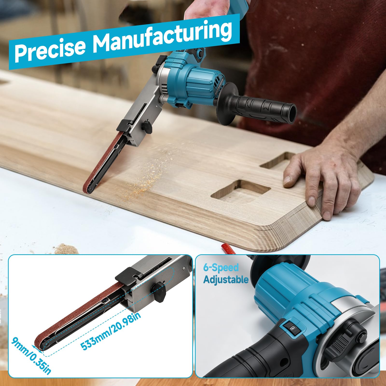 Akku-Bandschleifer kompatibel mit Makita 18 V, 9 x 533 mm, 6 Geschwindigkeitsstufen, bürstenloser Bandschleifer mit 24 Schleifbändern (40/60/80/120#) für Holz, Metall und Kunststoff