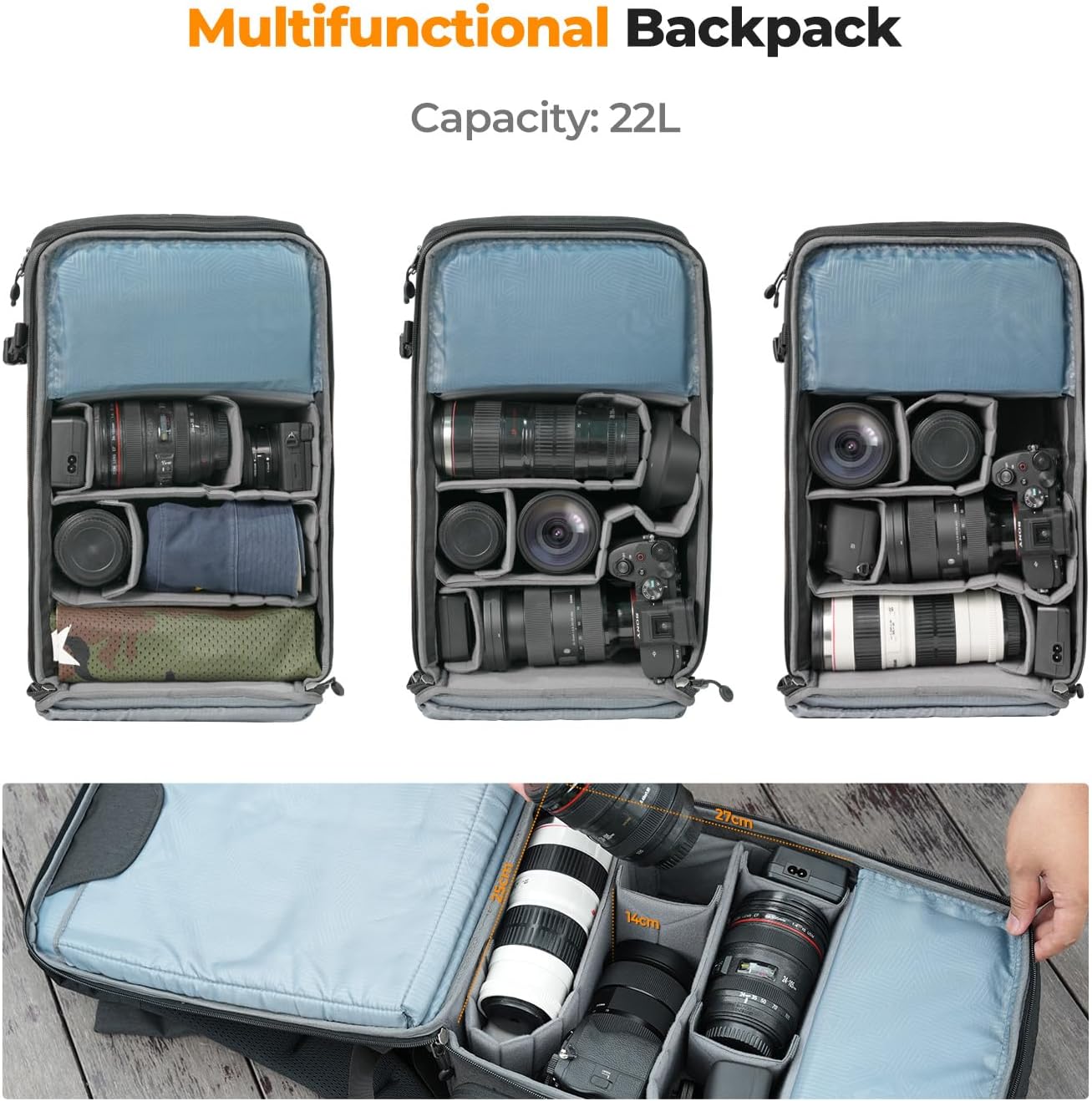 K&amp;F Concept カメラバッグ カメラ用バックパック カメラリュック 22L 大容量 おしゃれ 2気室 カメラリュック