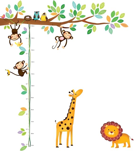 DECOWALL DW-1402 Monkey and Animals Height Growth Chart for Kids Wall Stickers Jungle Giraffe Cartoon Decals Removable Nursery Bedroom Living Room Art Home Decor