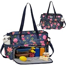 Lunch Tote Bag Floral for Women, Blue Floral | Insulated Compartment, Large Laptop Bag, Detachable Shoulder Strap, Water Bottle Holder