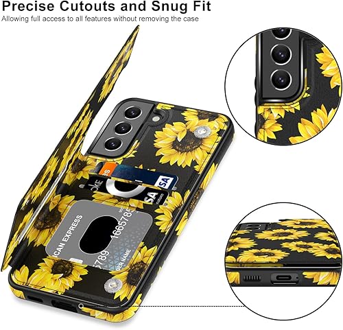 Miniatura 3 de LETO Funda para Galaxy S21 FE, funda de piel tipo cartera con diseño de flores de moda para niñas y mujeres, con ranuras para tarjetas, función