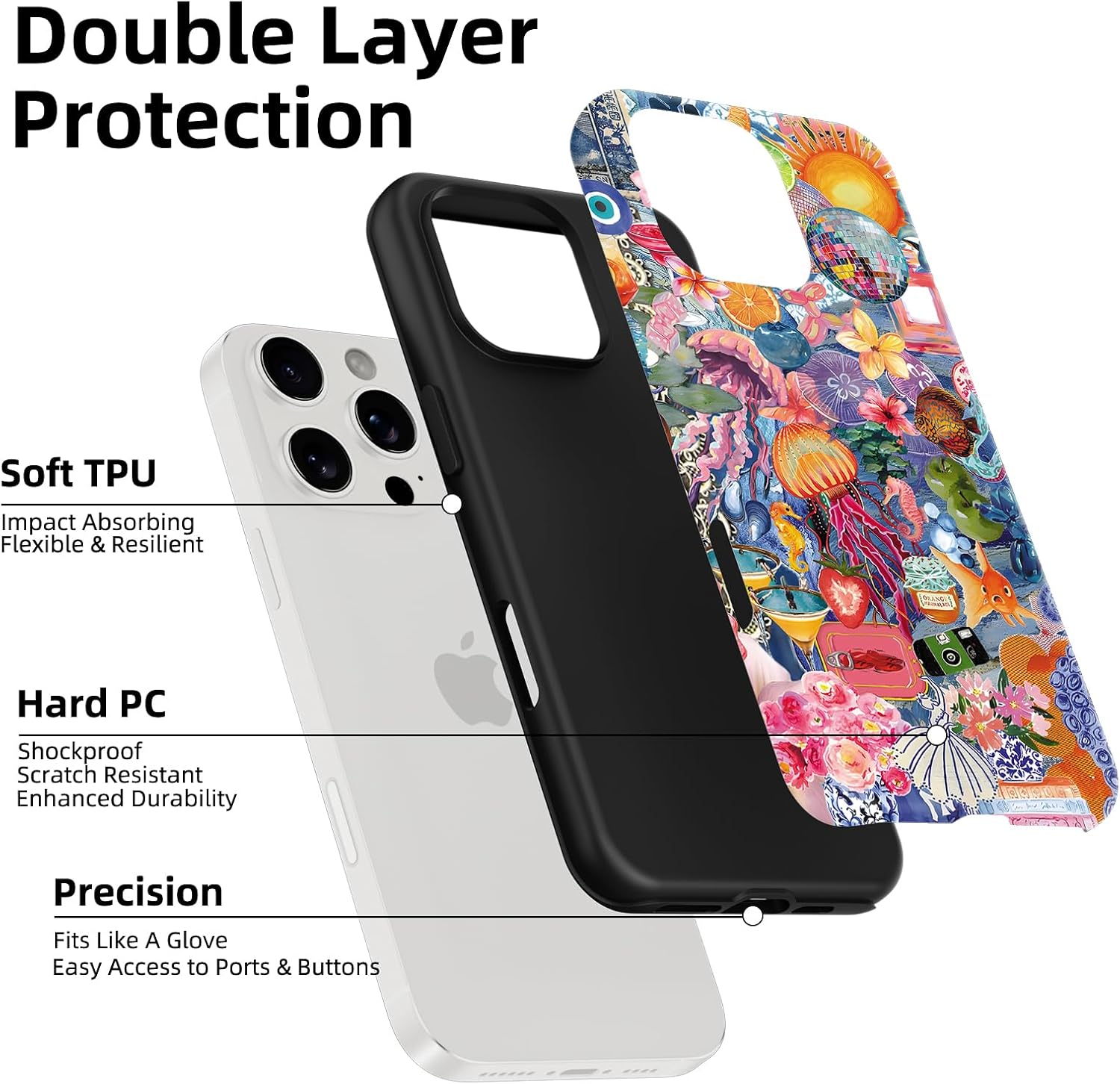Cute Summer Strawberry Jellyfish Collage Phone Case for iPhone 16 Pro Max Magnetic Case 6.9" Compatible with Magsafe, Aesthetic Hibiscus Flower Pattern 2-in-1 Cover Shockproof for Women Girls image 4