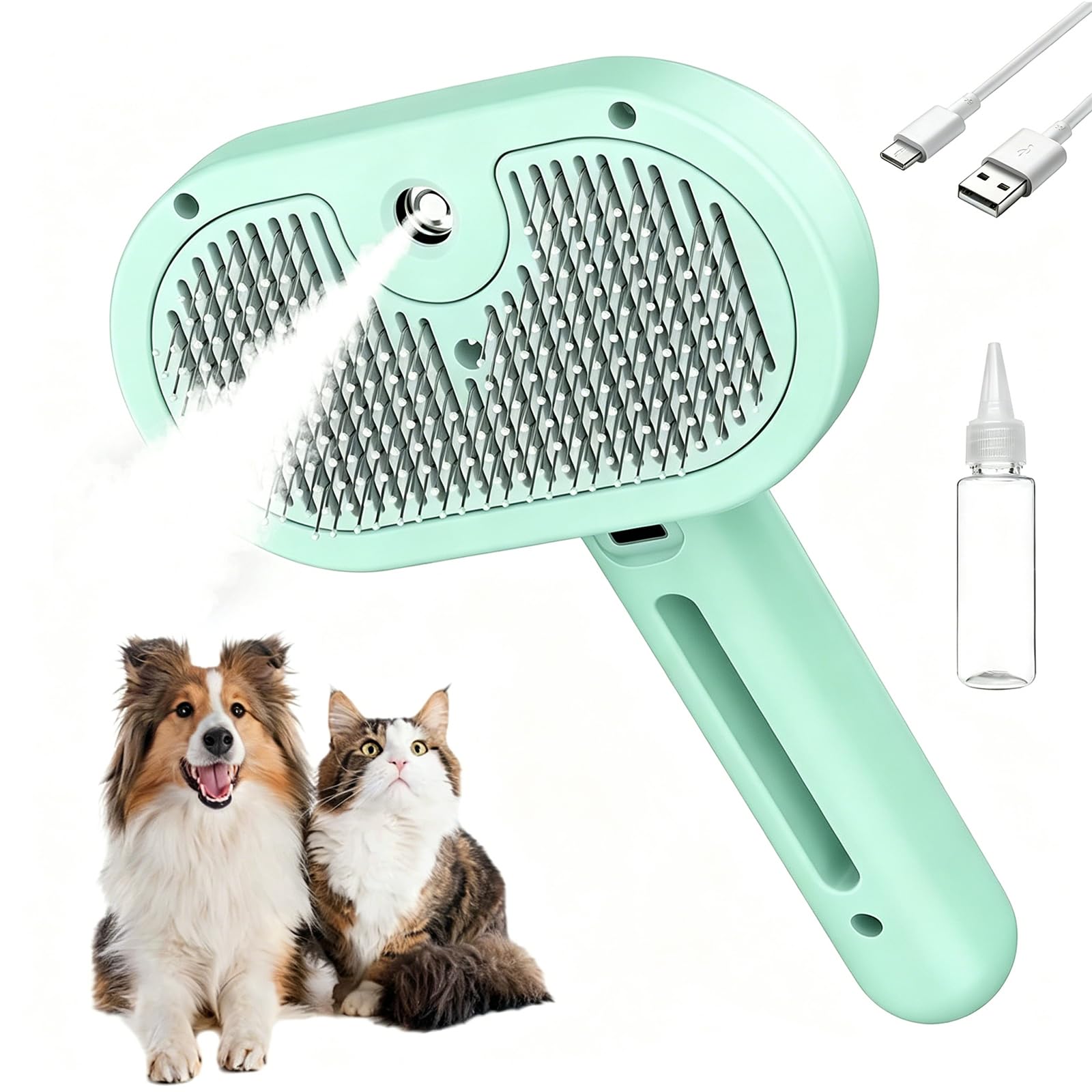 Cepillo Vapor Gatos 3 en 1, Peine Perros Frío, Elimina Suelto y Masajeador | Peine para Perros con Vapor Frío y Puntas, Eliminador de Pelo Suelto y Masajeador, Cepillo Humidificad or de Limpieza Mascota