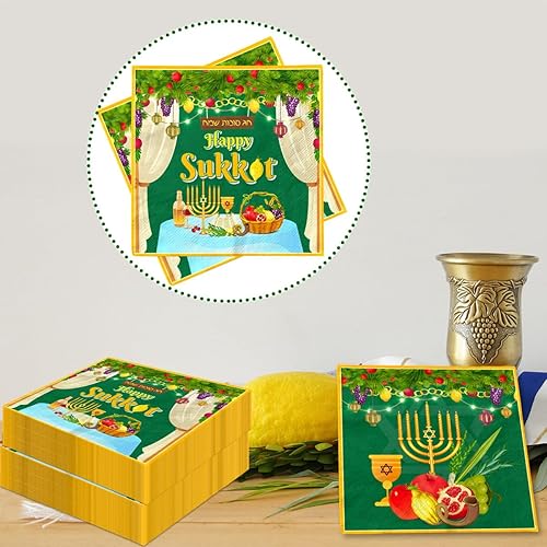 Miniatura 5 de Decoraciones de Sukkah Sukkot, 40 servilletas de Sukkot, desechables de papel Etrog Lulav, servilletas judías para fiestas judías, suministros de