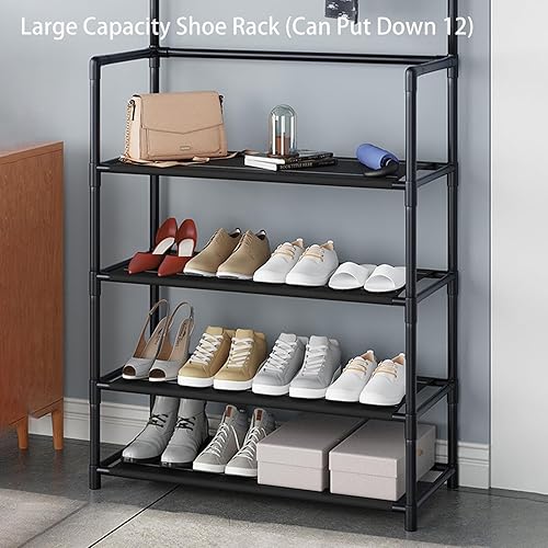 Miniatura 7 de Zapatero con perchero, organizador multifuncional de zapatos para entrada de dormitorio, detrás de la puerta, pasillo (negro, 5 capas de 31.5