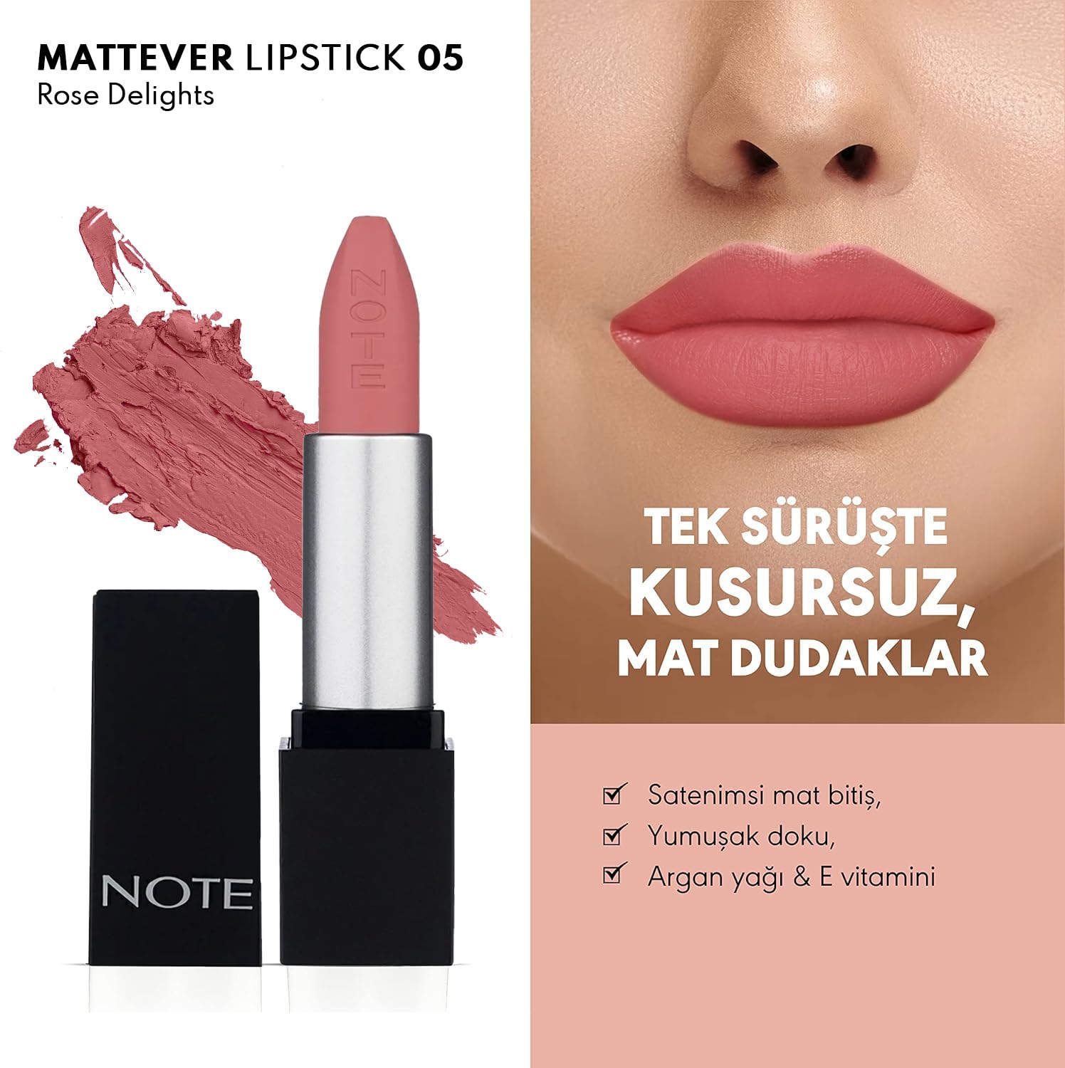 Note Cosmetics Mattever Lipstick 05 Rose Delights Yarı Mat Saten Bitişli Ruj, Pembe