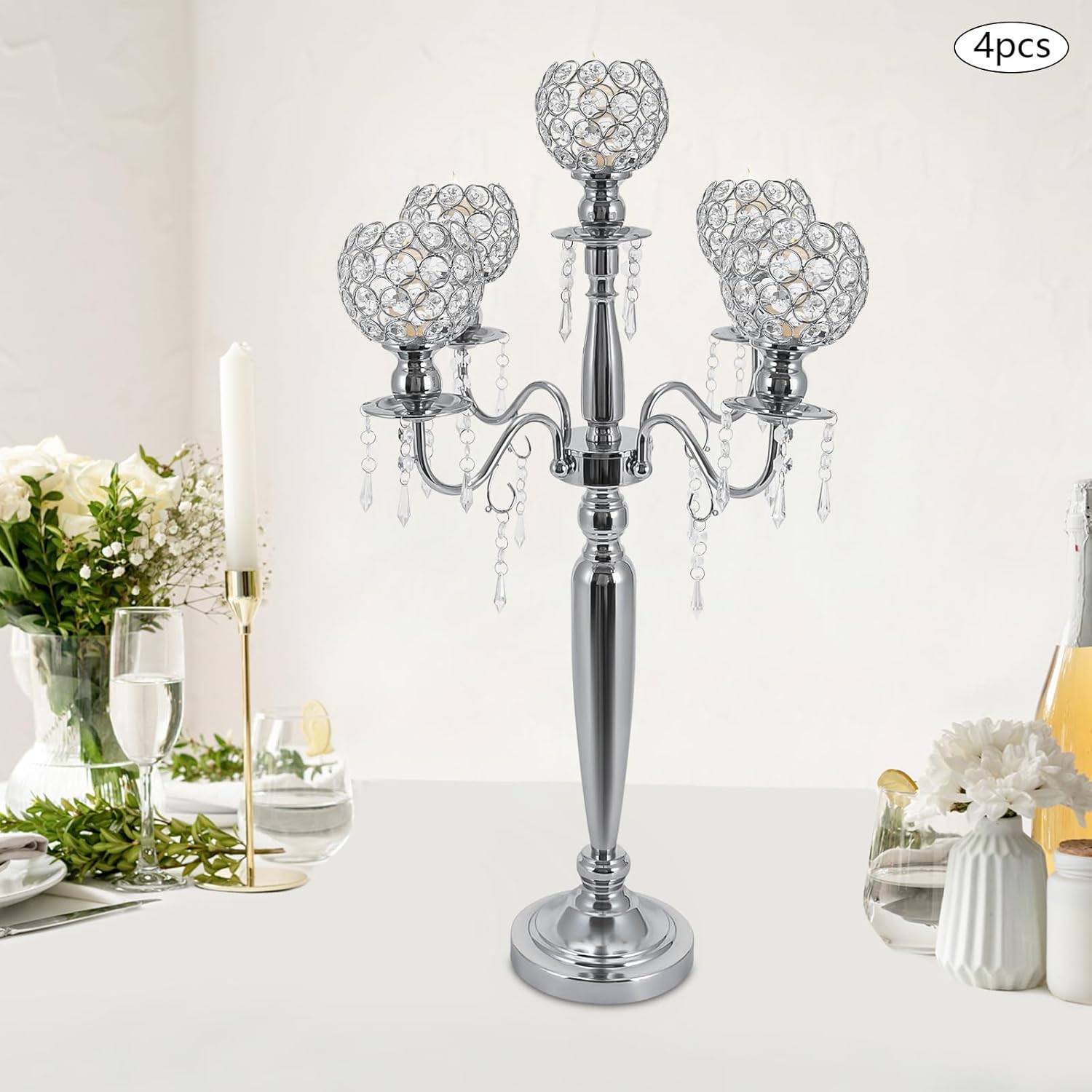 4Pcs 5 Arm Crystal Candelabra Centerpieces, 29.5In Silver Candle Holders with Detachable Crystal Bowls Tall Silver Metal Candlestick Holders for Living Room Bedroom Study Weddings