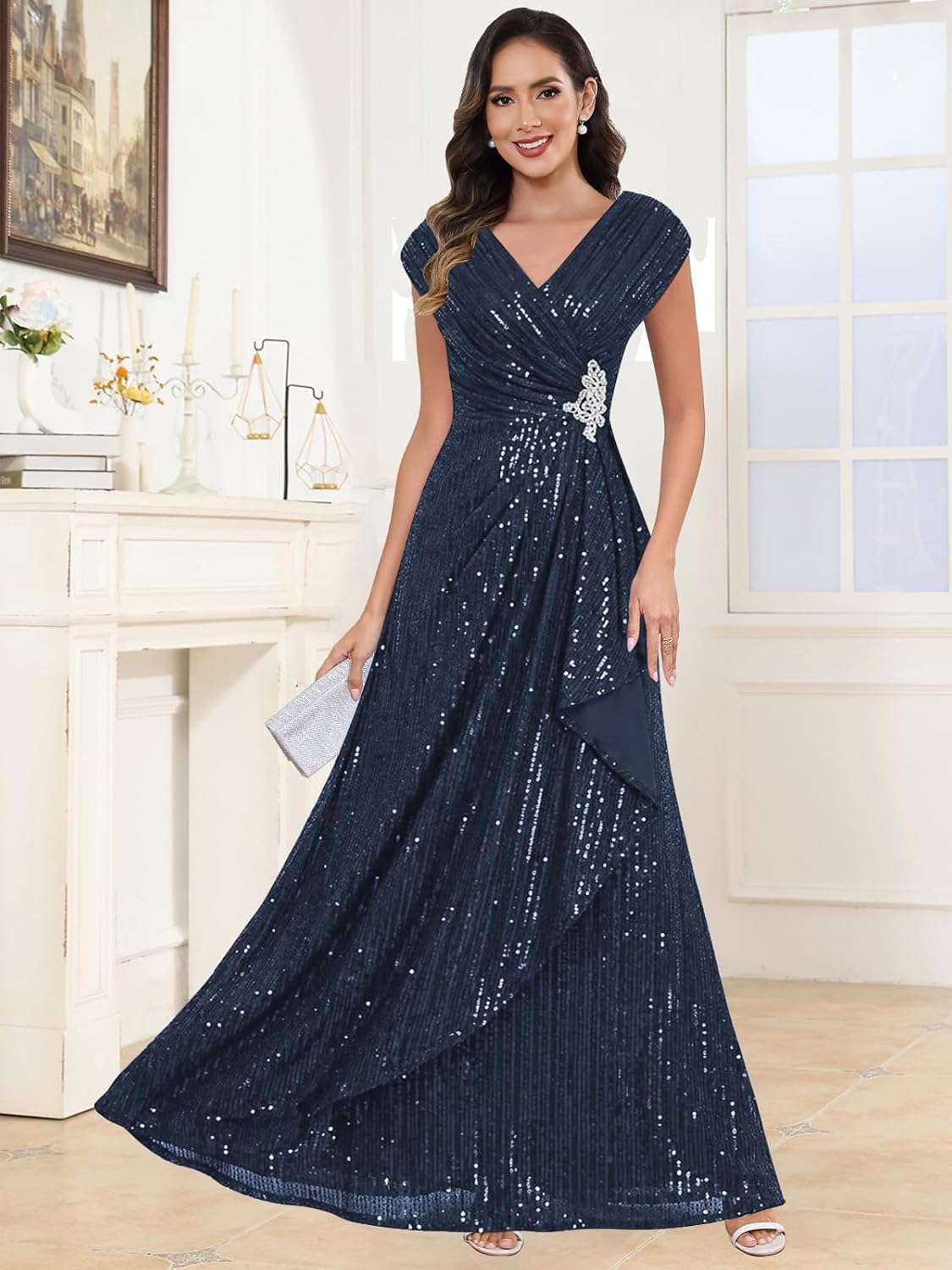 Sequin Mother of The Bride Dresses with Cape Sleeves V Neck A Line Pleated Long Formal Evening Gown - Image 2