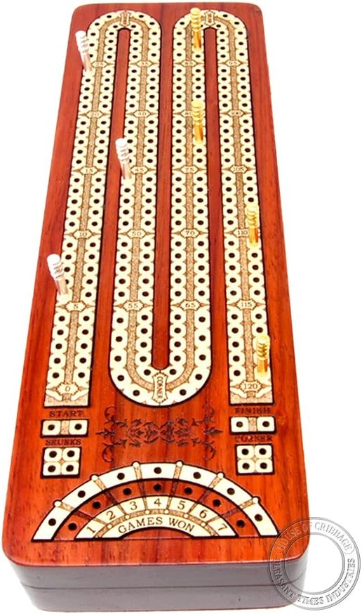 House of Cribbage - Continuous Cribbage Board Inlaid with Bloodwood/Maple : 2 Tracks with Score Marking Fields for Skunks, Corners and Won Games
