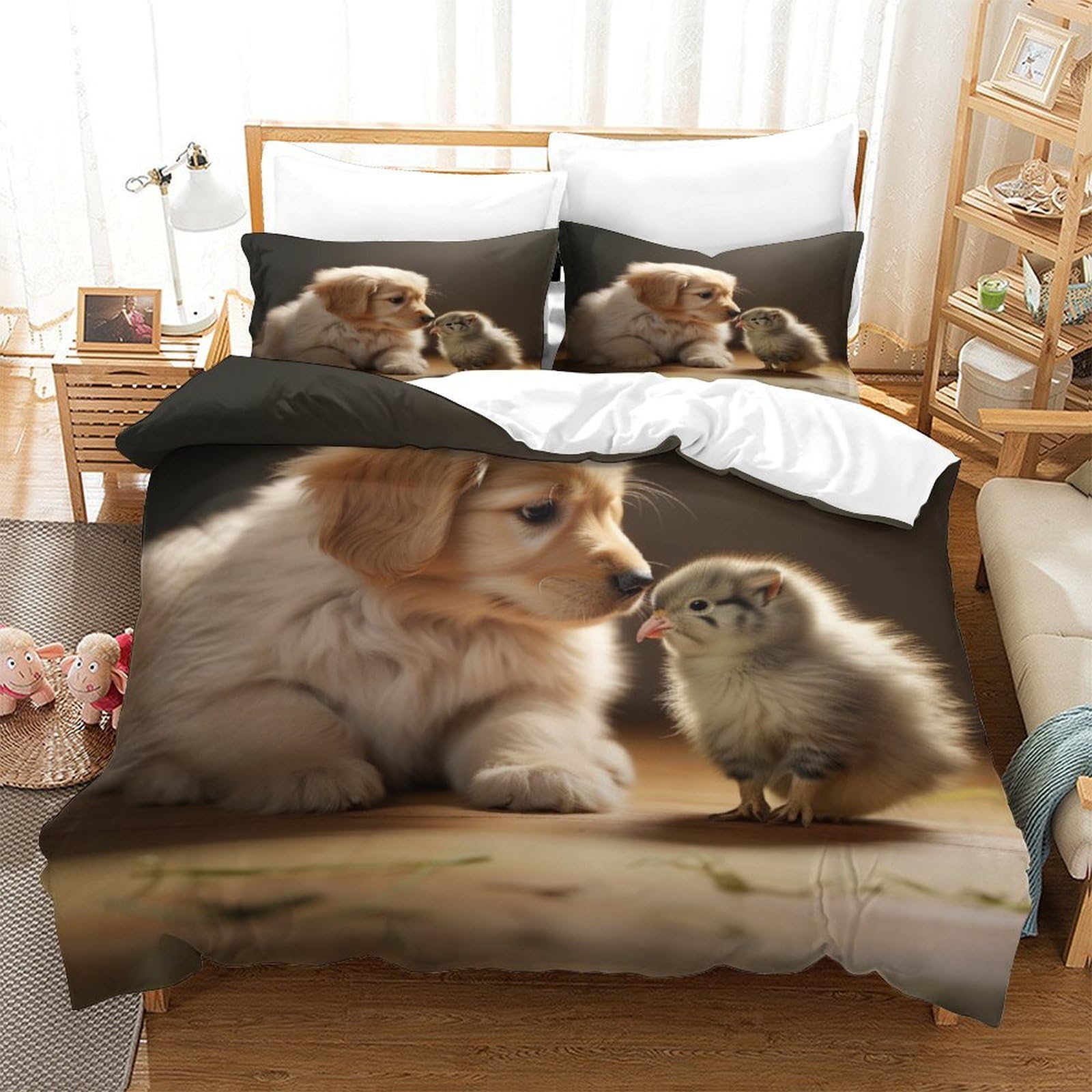 P1S9U7W5Y Adorable Animals Dog Chick 3D Printed 3 Piece Duvet Cover Set Microfiber Bedroom Decor Pet Theme Bedding Set for Adults Teens Double（200x200cm）